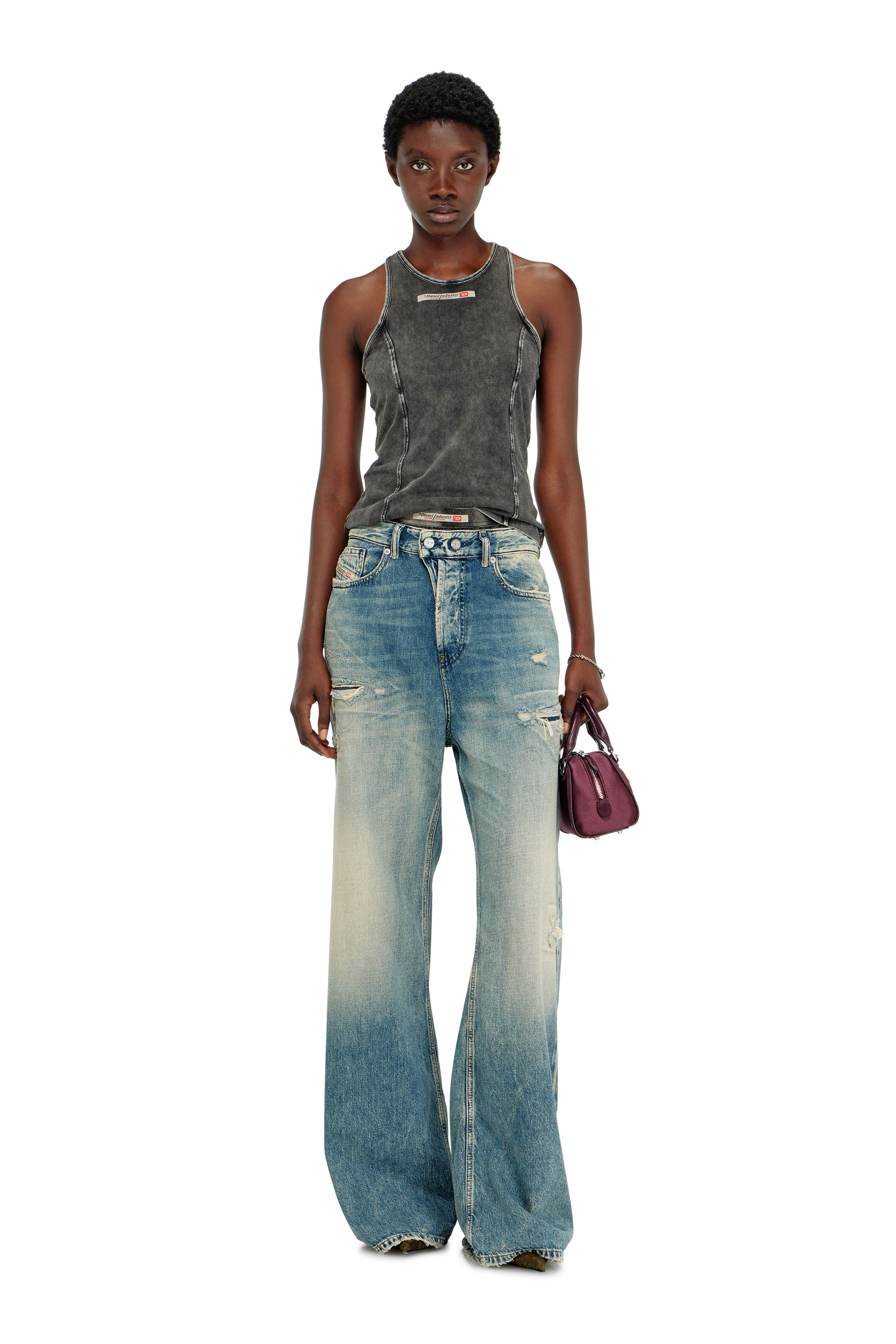 Diesel - IRENE-DNM, D&eacute;bardeur en coton &agrave; effet trait&eacute; Femme in Gris - 4