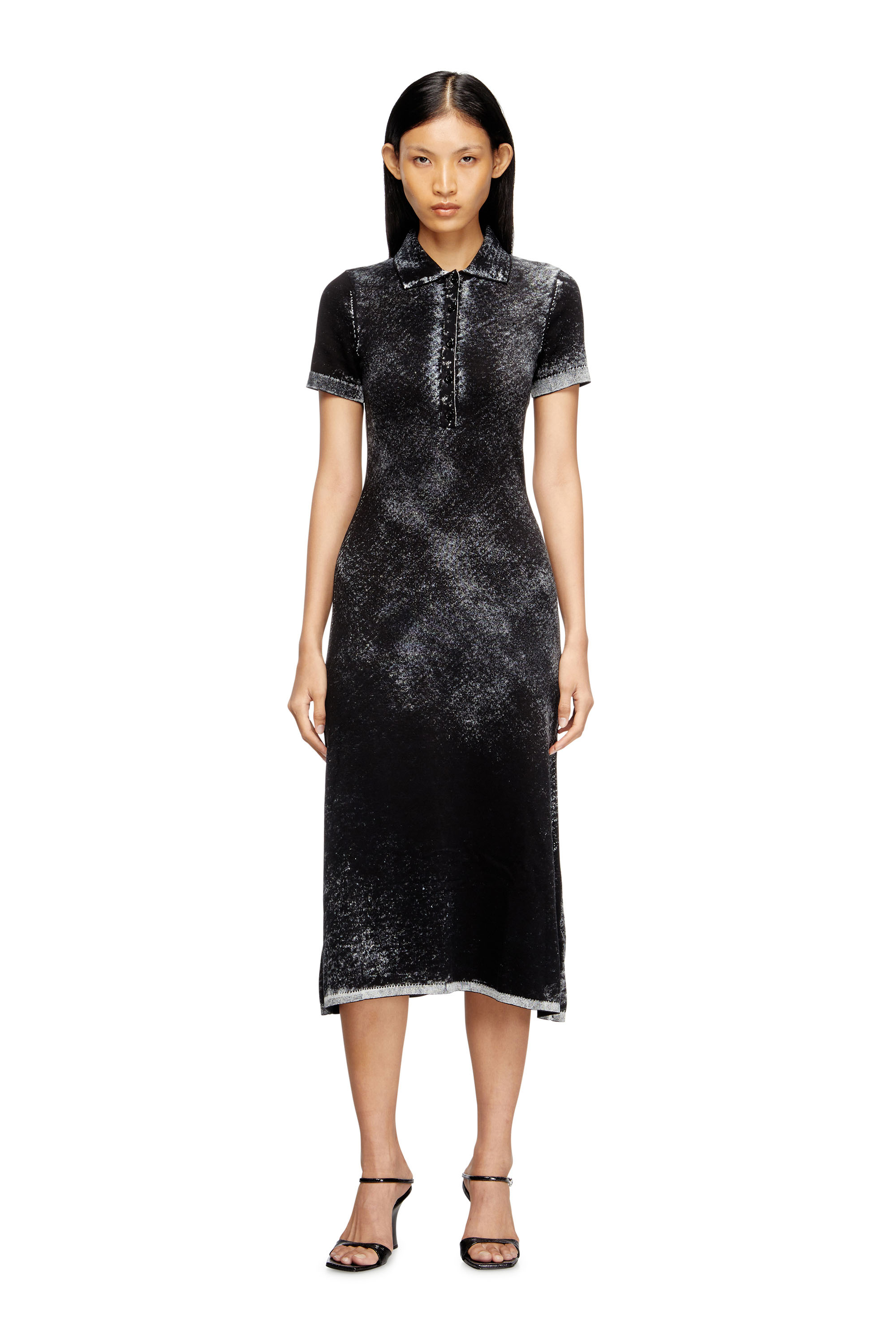 Diesel - M-LOURENS, Woman's Midi polo dress in reverse-printed knit in Black - 1