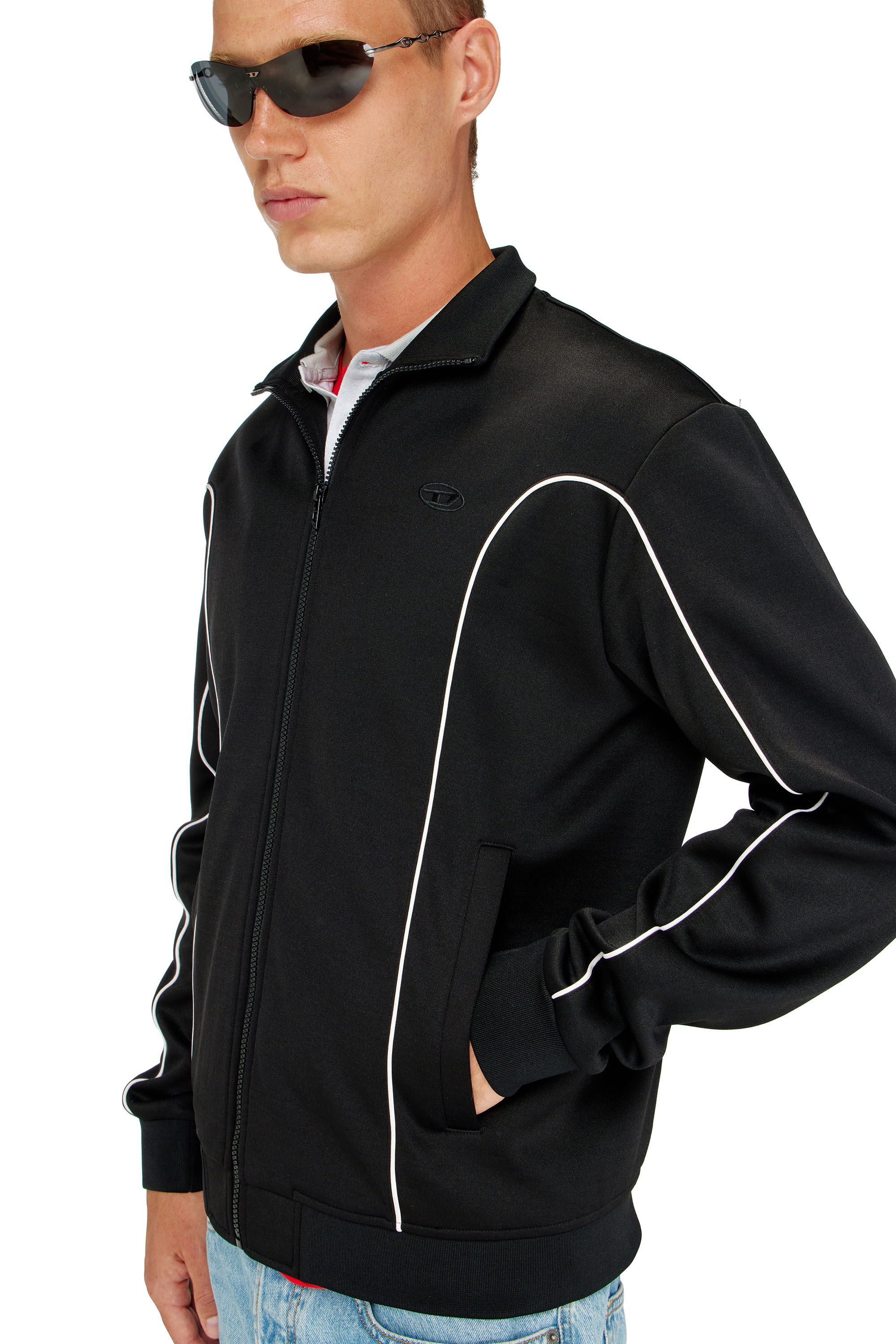 Diesel - S-LOCKING-DO, Veste de surv&ecirc;tement en tissu molletonn&eacute; avec passepoil contrastant Homme in Noir - 5