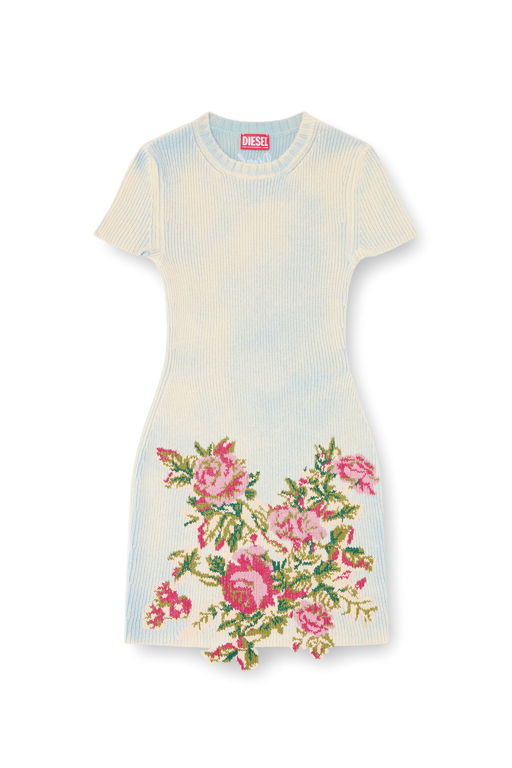 Diesel - M-RINNIE, Robe courte en maille m&eacute;lang&eacute;e laine &agrave; motif fleuri Femme in Blanc - 3