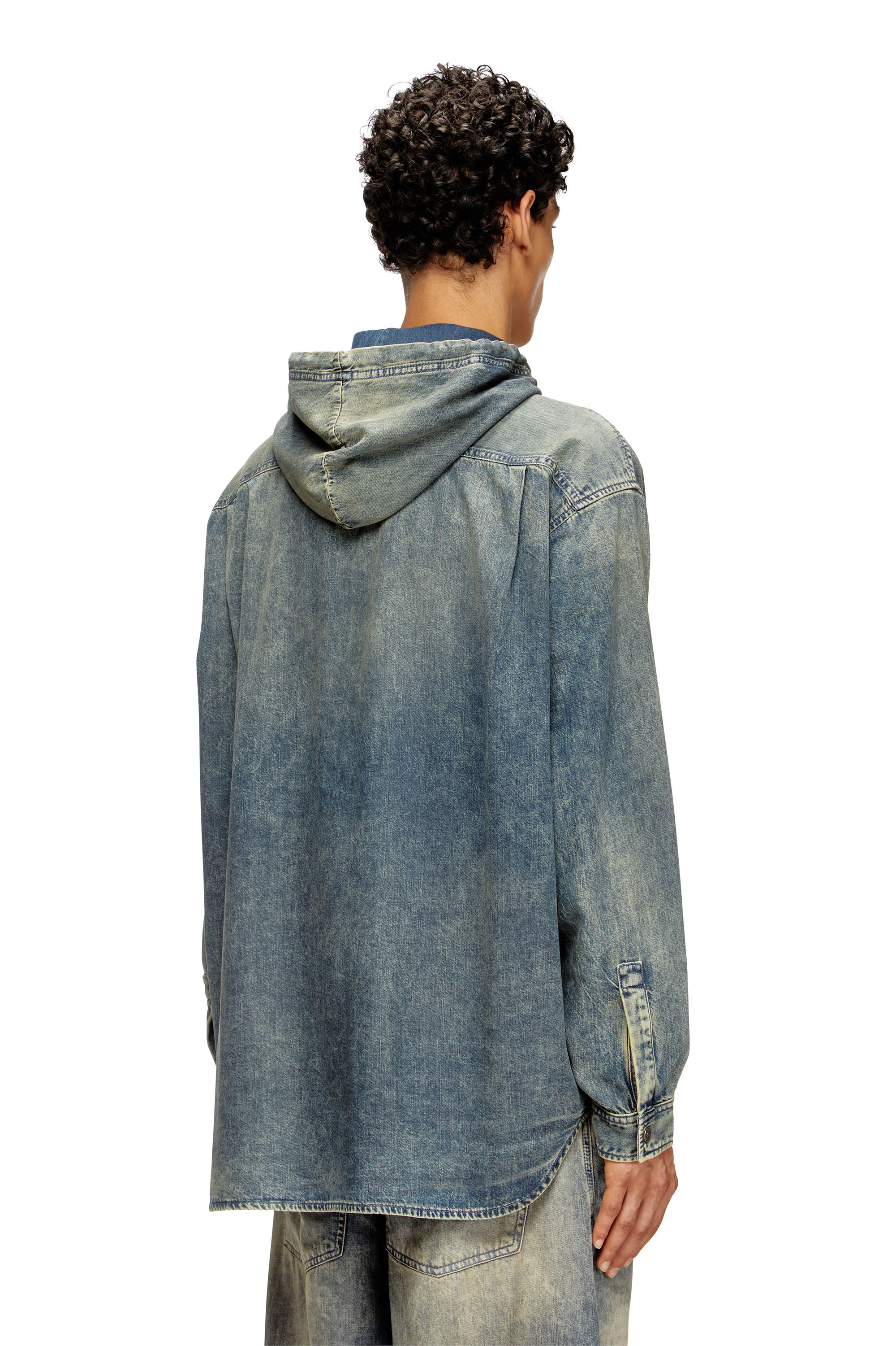 Diesel - D-DEWNY-HOOD-S2, Surchemise en denim marbré enduit Homme in Bleu - 4