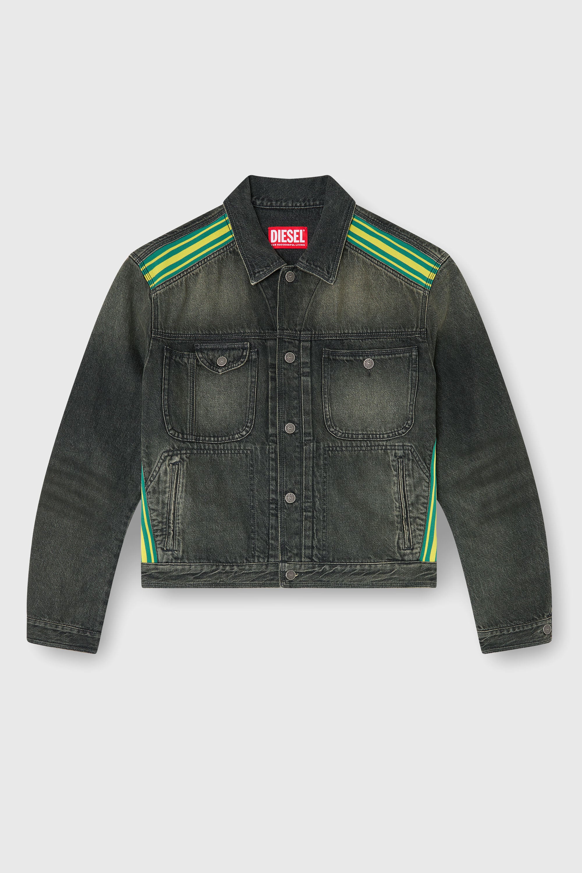 Diesel - D-BAS-FSJ1, Veste trucker avec bandes ray&eacute;es sur les &eacute;paules Homme in Gris - 2