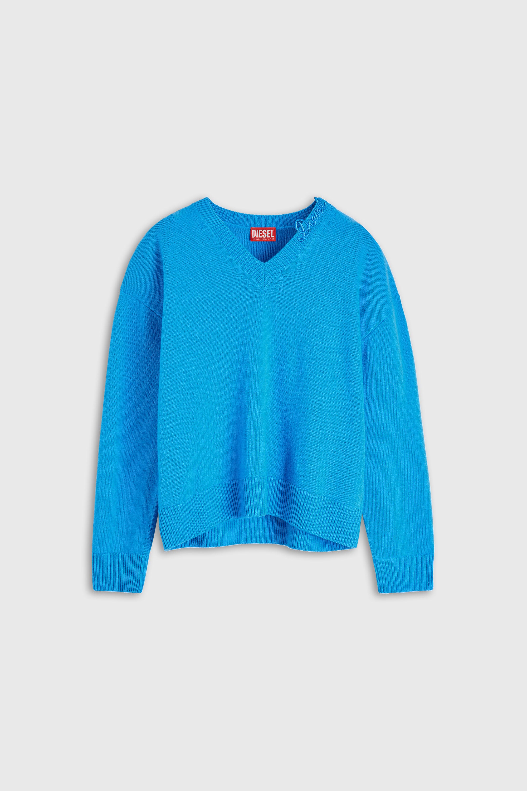 Diesel - M-IMOSA, Pull en laine col V avec logo sur le col Femme in Bleu - 2