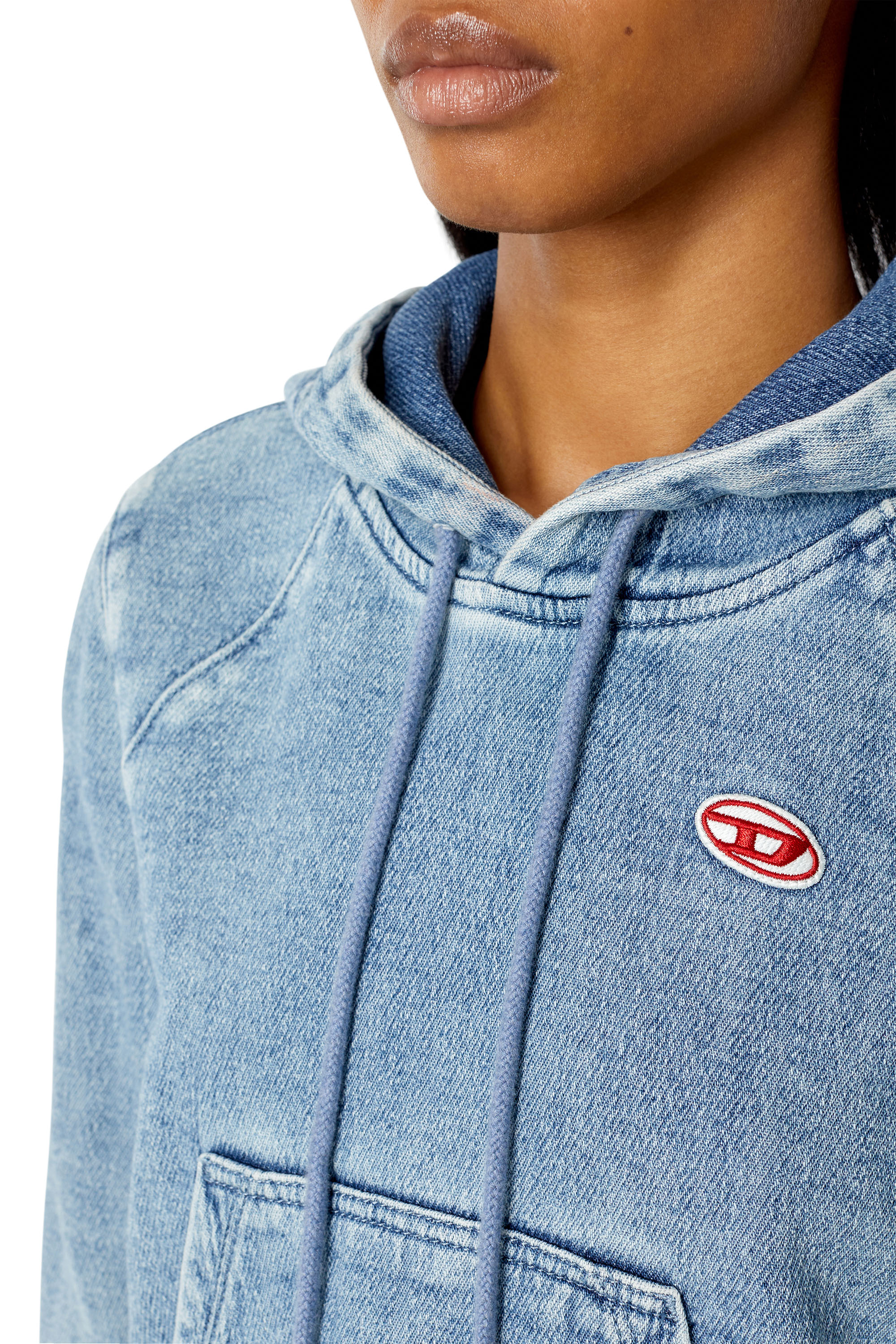 Diesel - D-ANGY TRACK DENIM HOODIE, Sweat-shirt &agrave; capuche cropped en Track Denim Femme in Bleu - 6