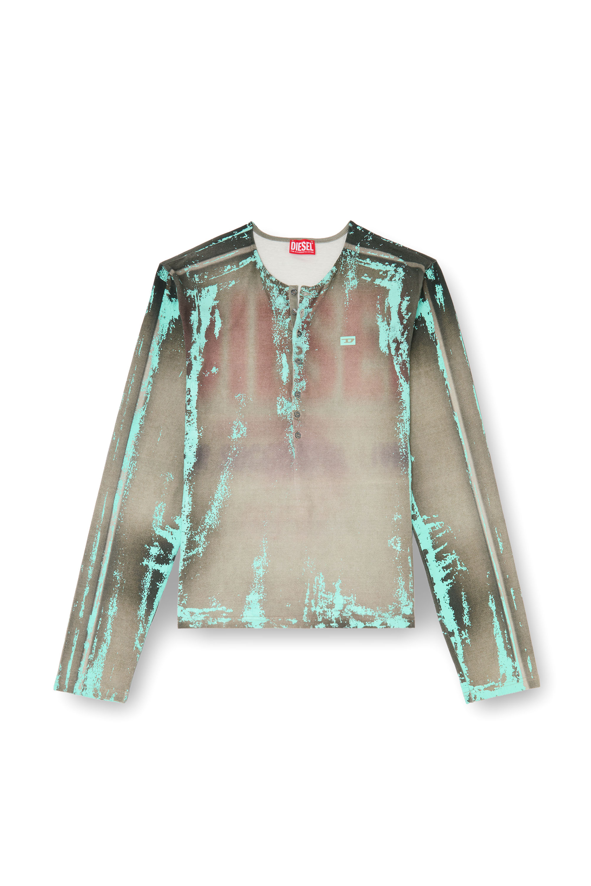 Diesel - T-FYNO-ML, Man's Grandad T-shirt in cracked leather-effect jersey in Green - 3