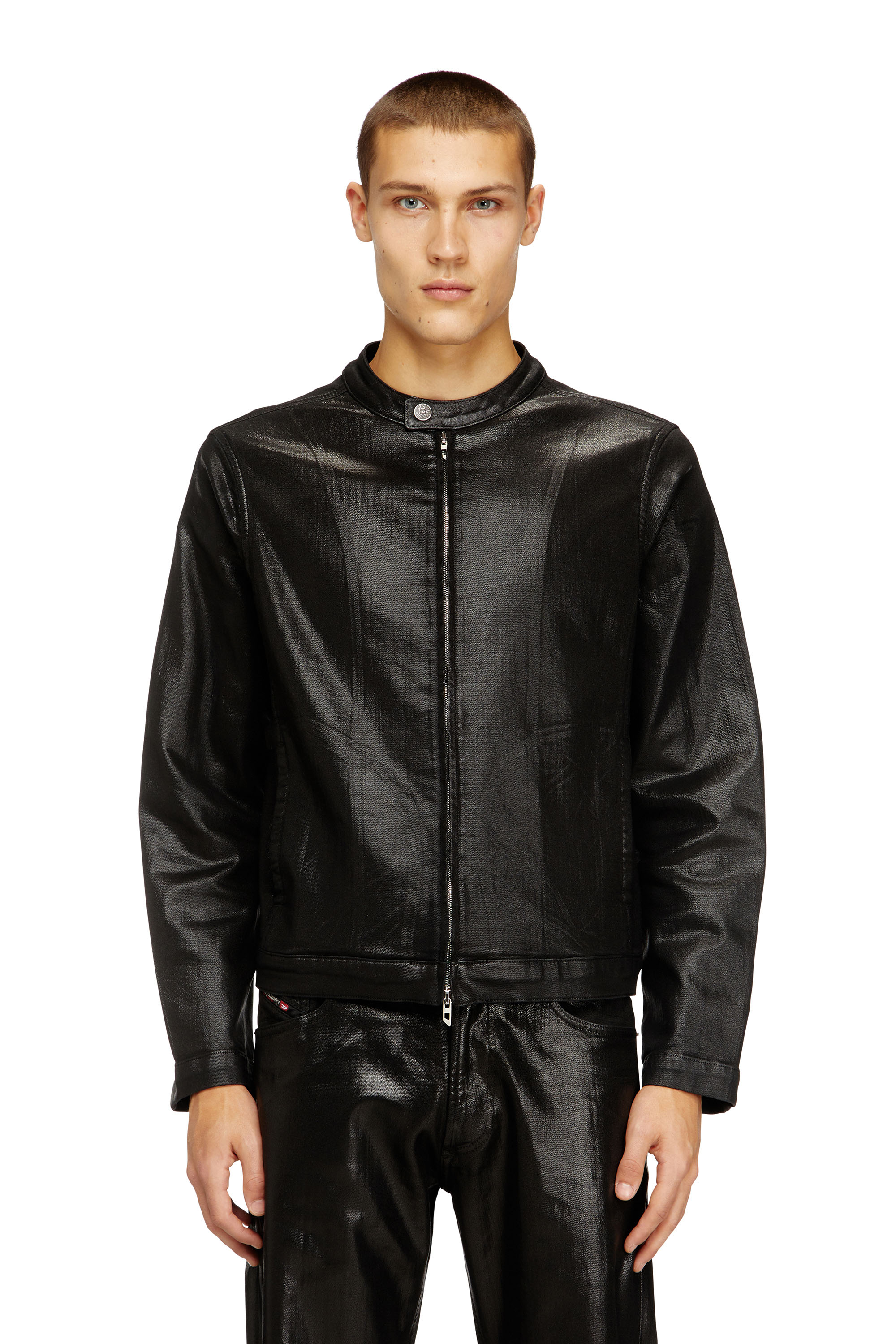 Diesel - D-GLORY JOGG, Blouson motard en JoggJeans enduit brillant Homme in Noir - 1
