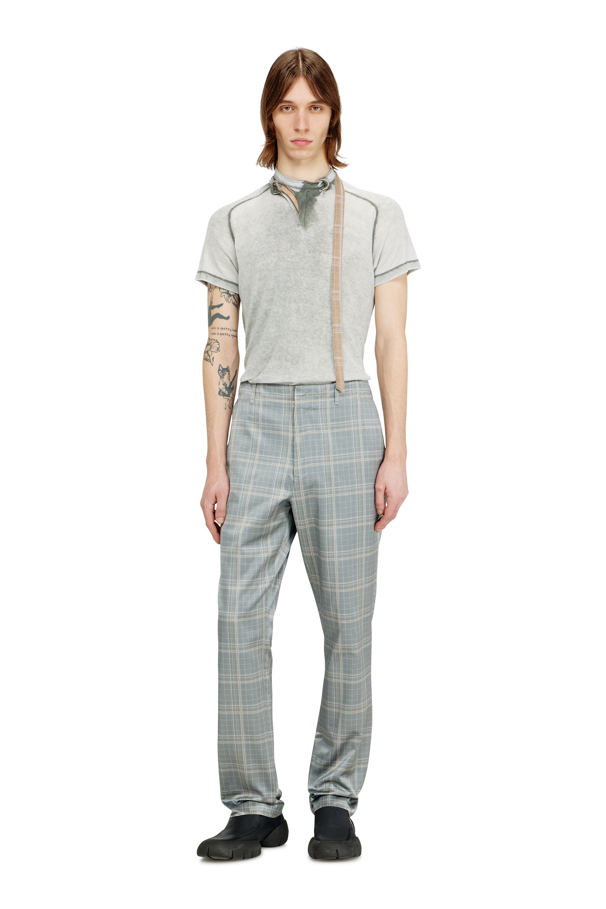 Diesel - T-GARY, Haut en jersey c&ocirc;tel&eacute; avec col bandouli&egrave;re style motard Homme in Gris - 1