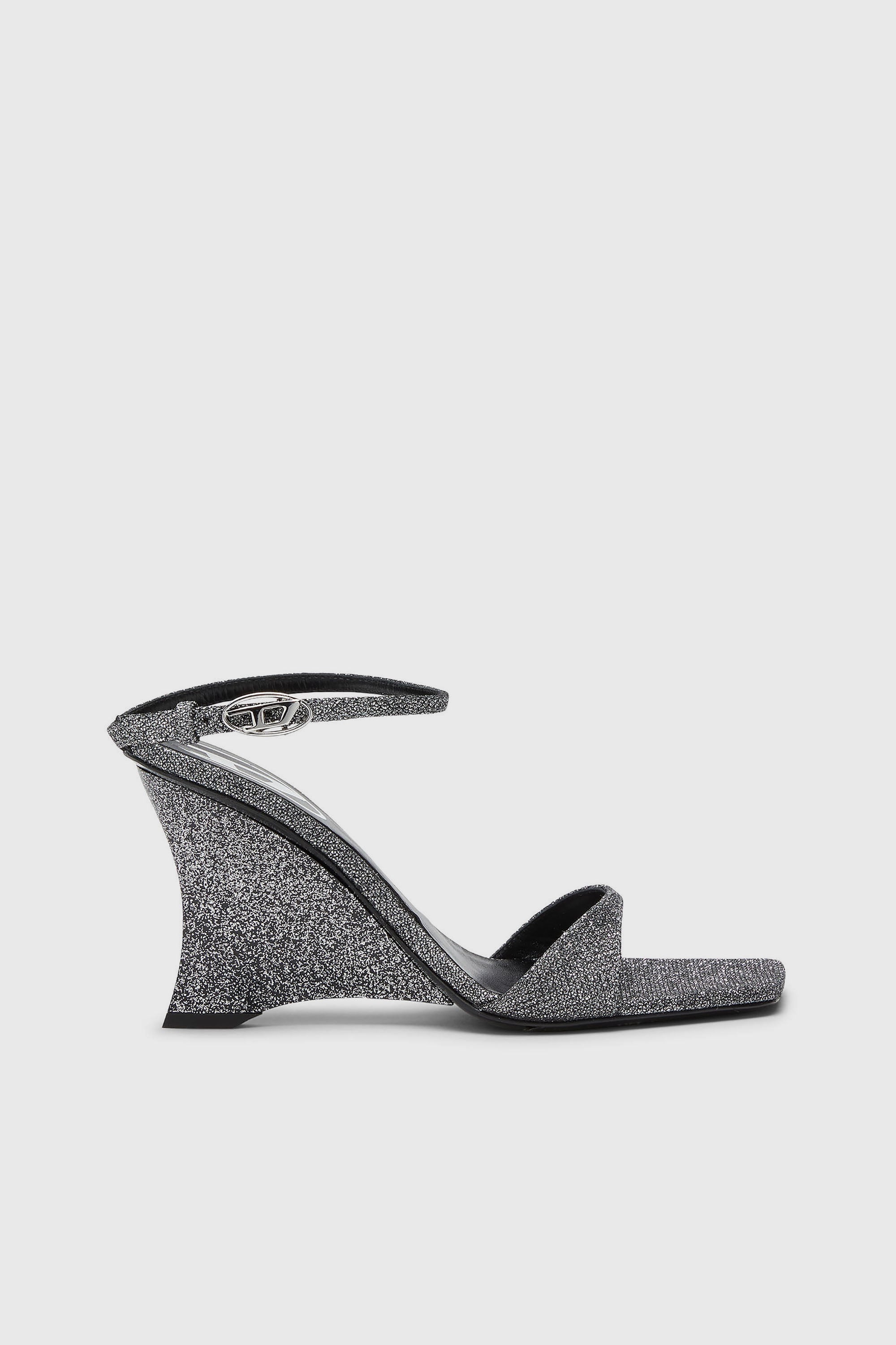 Diesel - D-AMBER SANDAL WEDGE, D-Amber -Sandales &agrave; talon compens&eacute; en tissu Lurex Femme in Gris argent&eacute; - 1