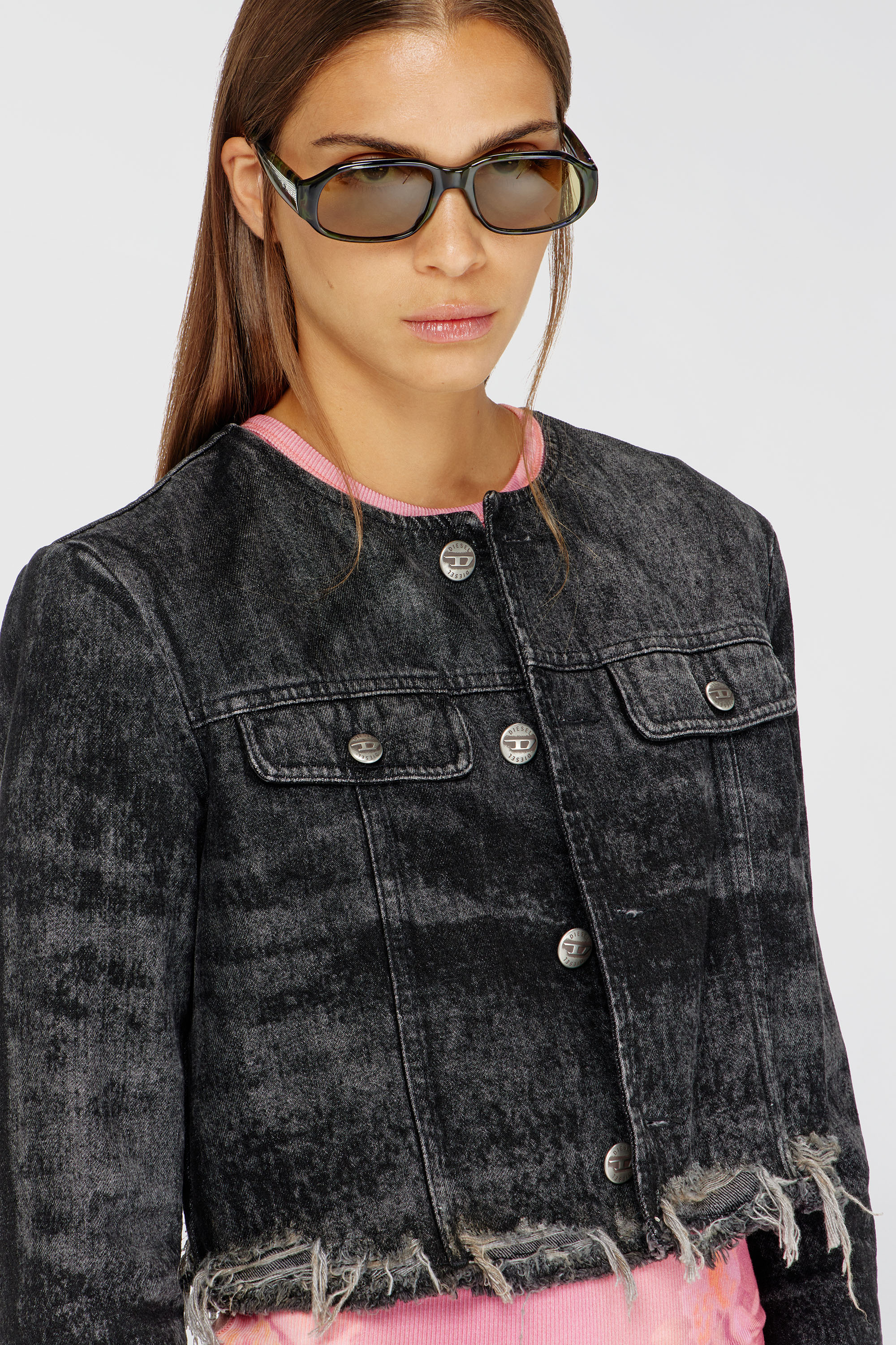 Diesel - DE-GRAFFY-FSH, Veste en denim de coton et chanvre grav&eacute; au laser Femme in Noir - 5