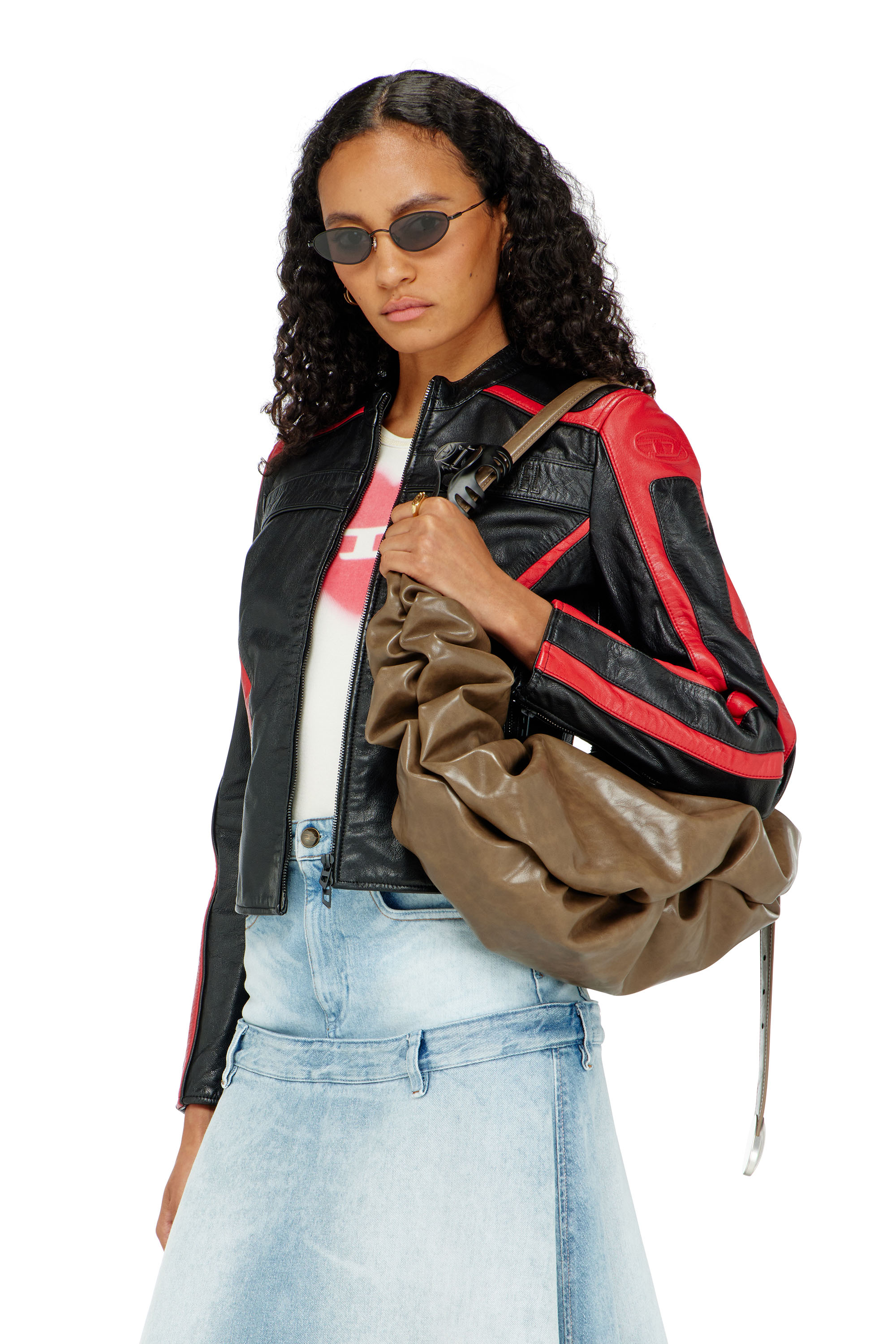 Diesel - L-OVABLE, Blouson motard en cuir color-block Femme in Polychrome - 1