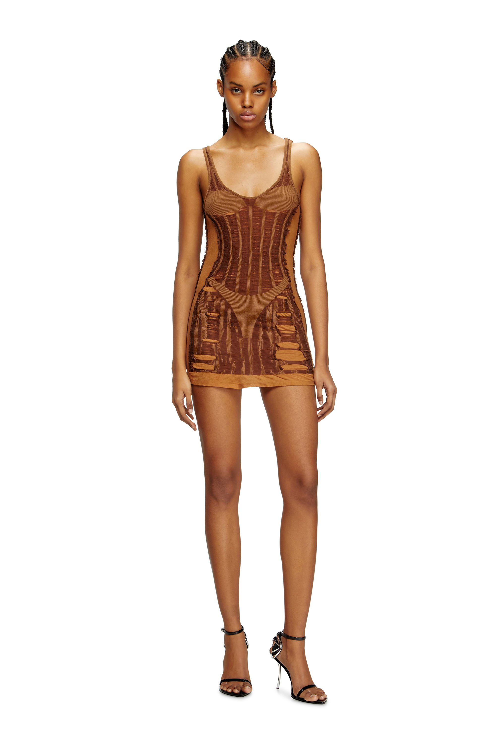 Diesel - M-CALIMERA-SHORT, Mini-robe en maille seconde peau effet vieilli Femme in Marron - 2