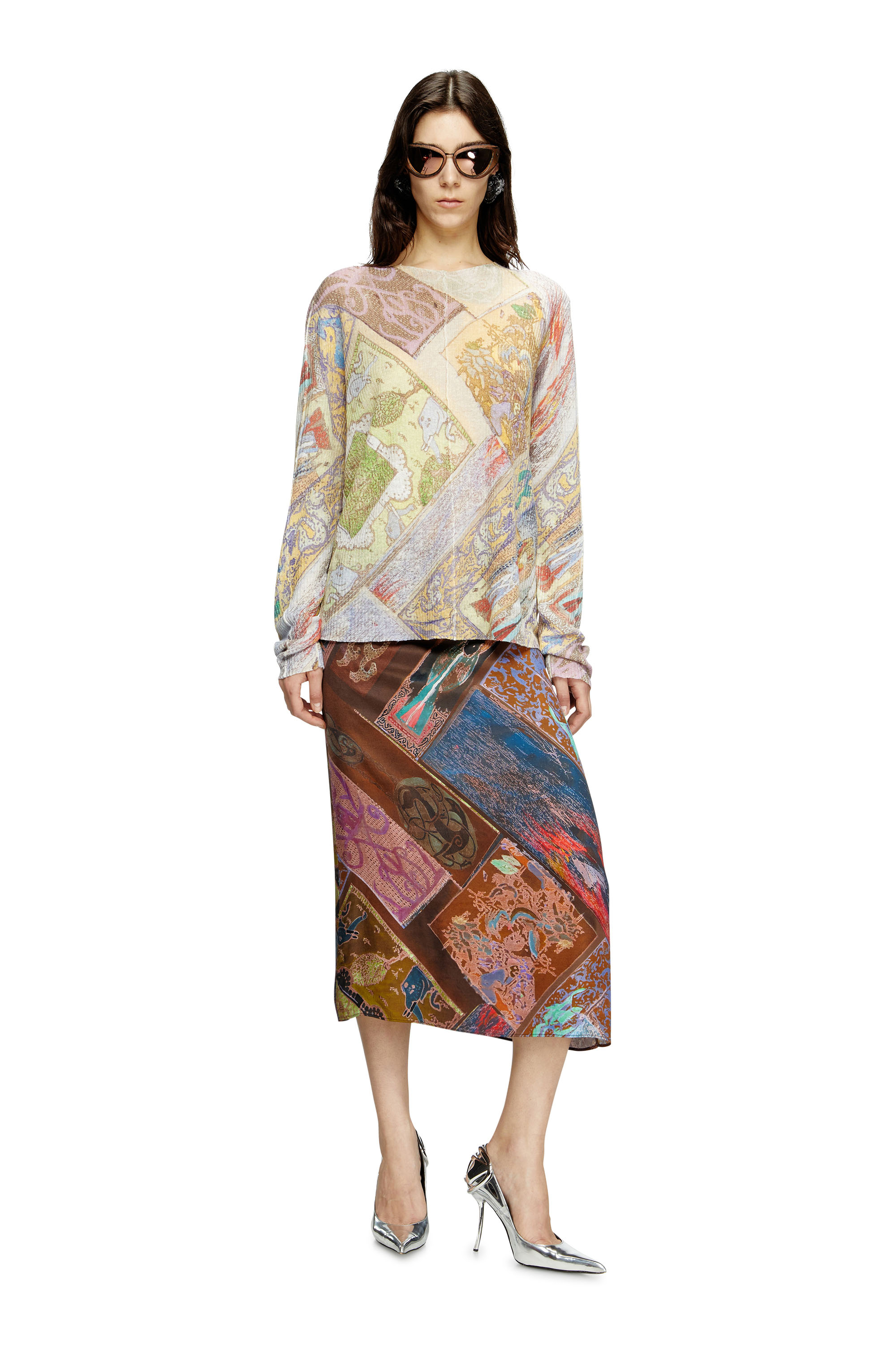 Diesel - O-RCHID, Jupe midi en viscose avec imprimé héraldique Femme in Marron - 2