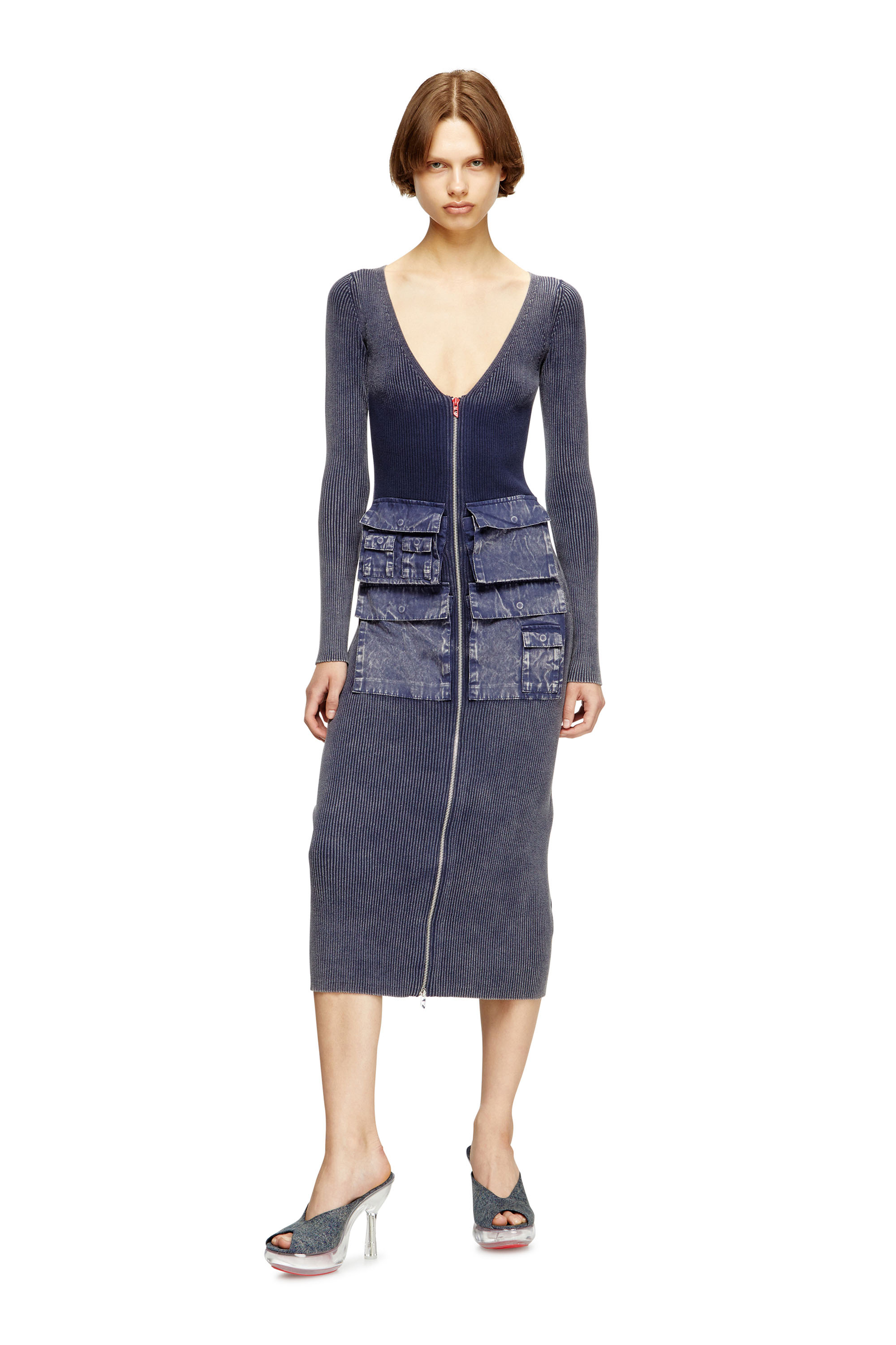 Diesel - M-MELTI-LS, Robe midi côtelée avec traitement denim Femme in Bleu - 3