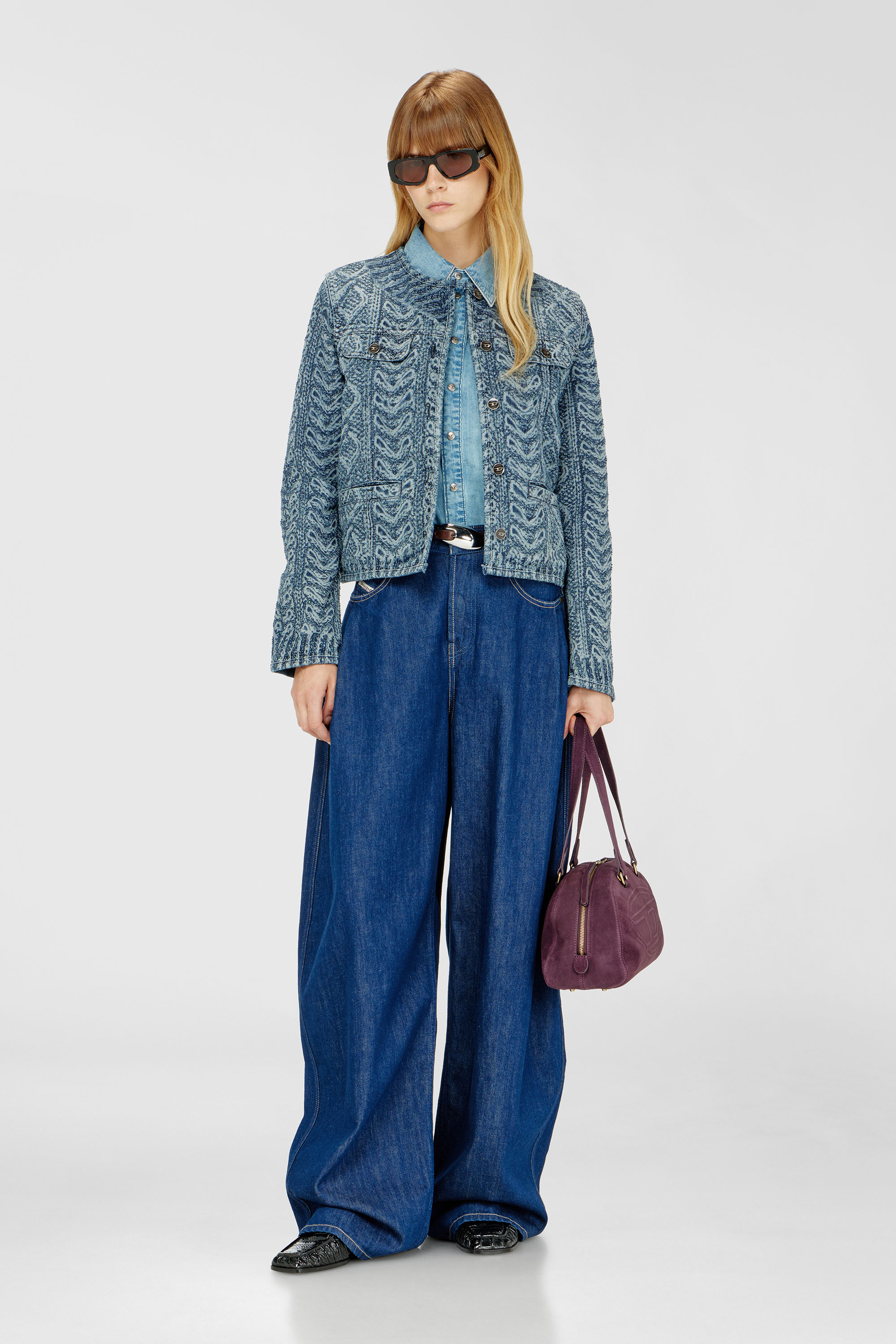 Diesel - DE-GRAFY-S2, Veste sans col en denim effet maille torsad&eacute;e Femme in Bleu - 1