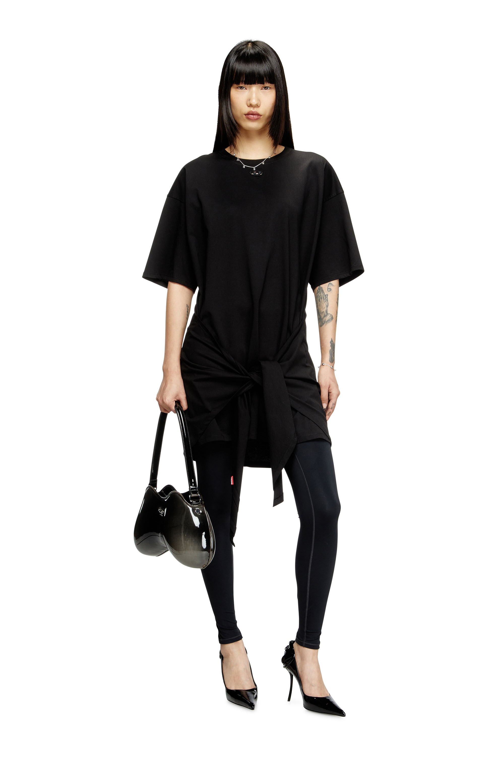 Diesel - D-EIVOR, Robe T-shirt avec nœud à l'avant Femme in Noir - 1