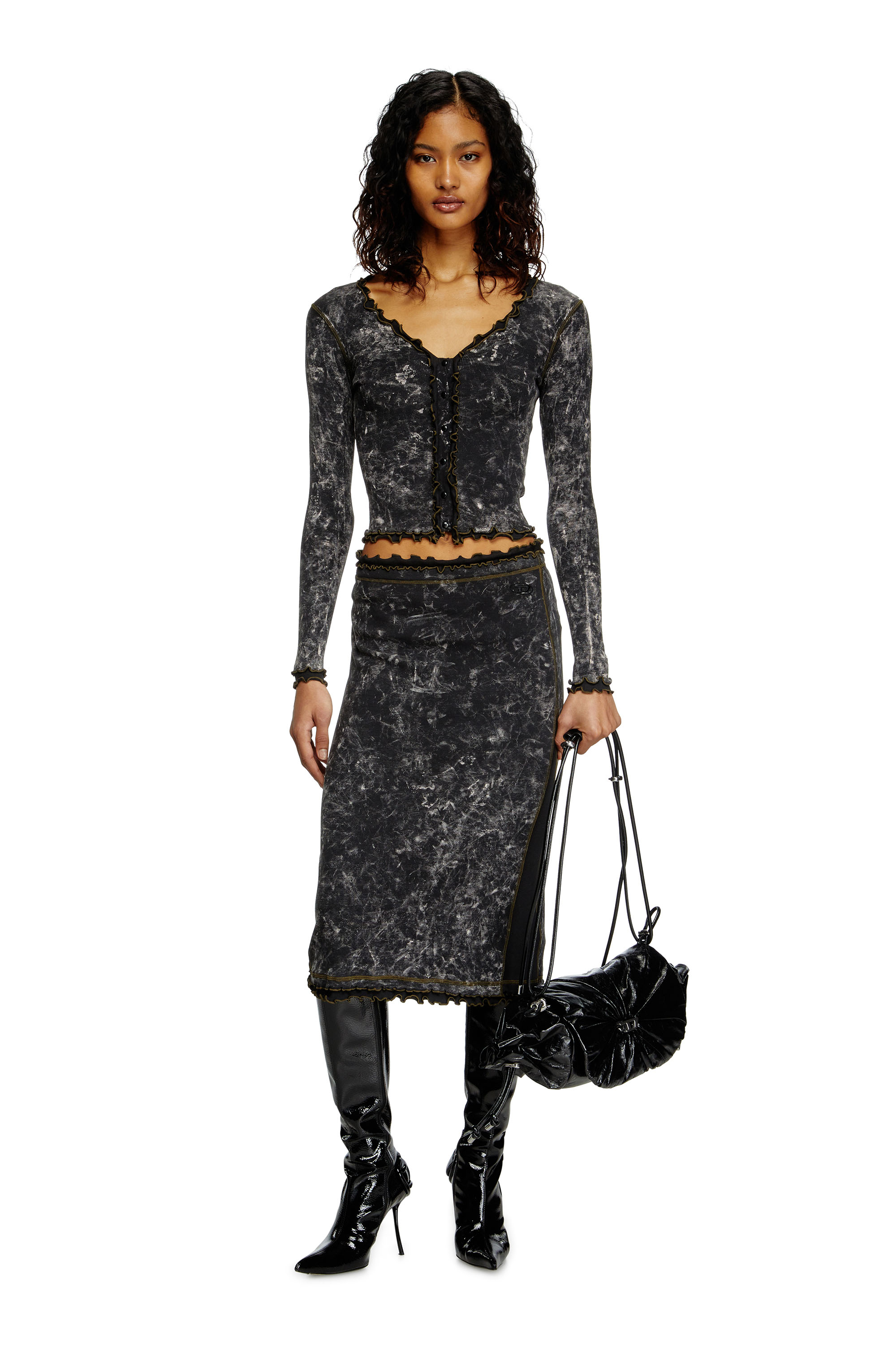 Diesel - T-FLUX, Top boutonné marbré avec volants Femme in Noir - 1