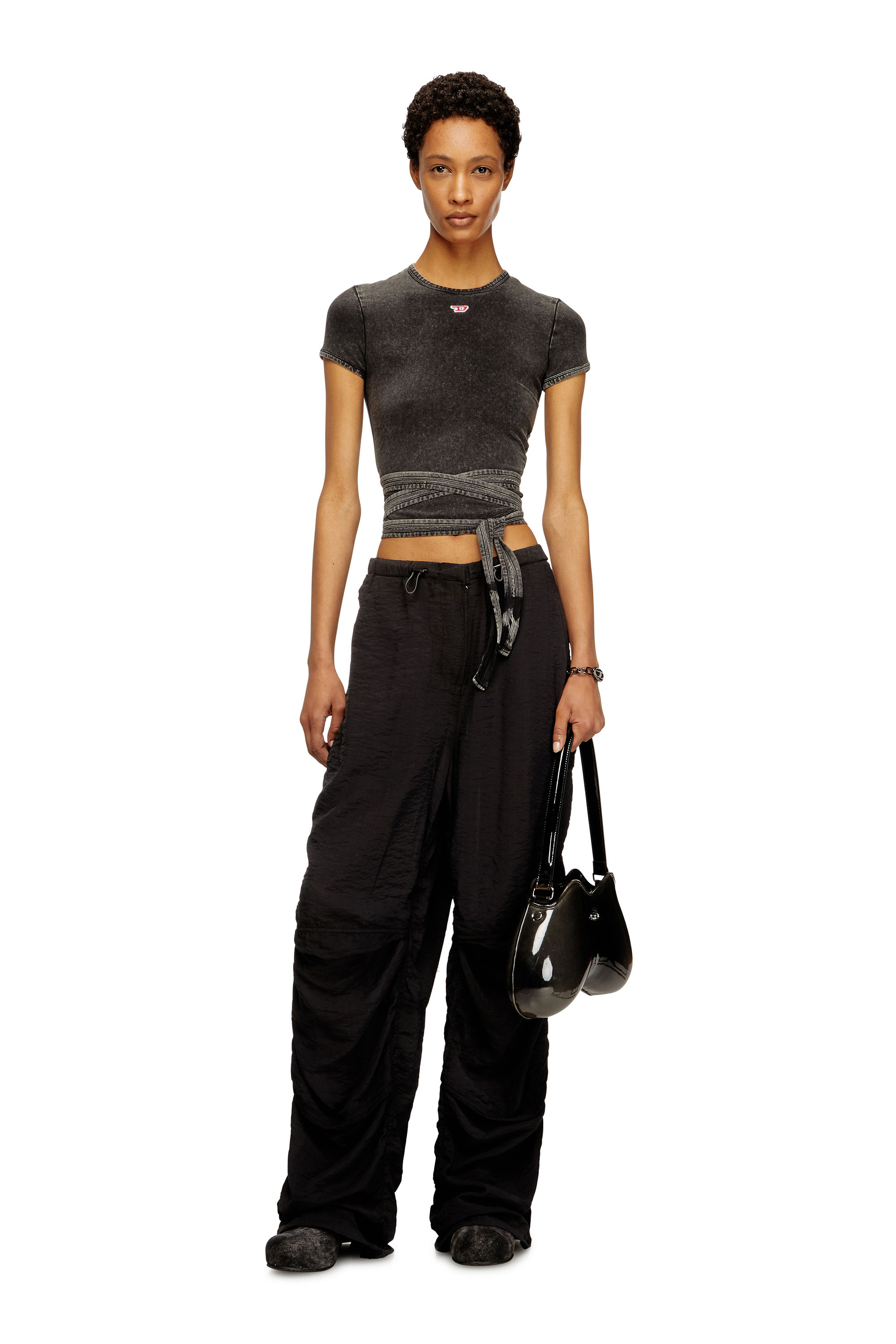 T-BUNNY-TAIL-R1, Noir Diesel - T-BUNNY-TAIL-R1, T-shirt effet denim avec lanières croisées Femme in Noir - 1
