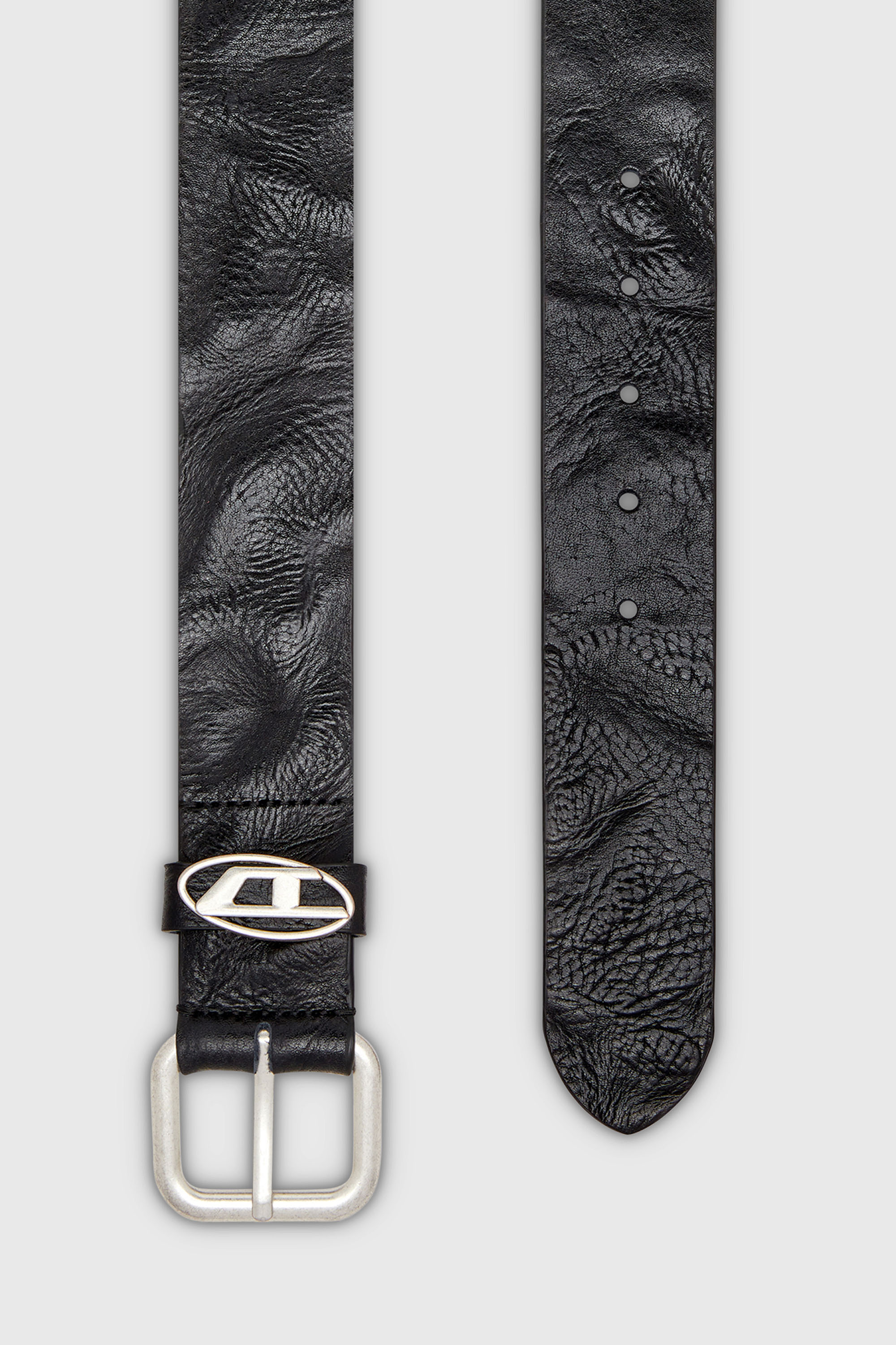 Diesel - B-1DR OVAL D LOOP, Ceinture 3.9 cm en cuir froiss&eacute; avec plaque &agrave; logo Mixte in Noir - 2