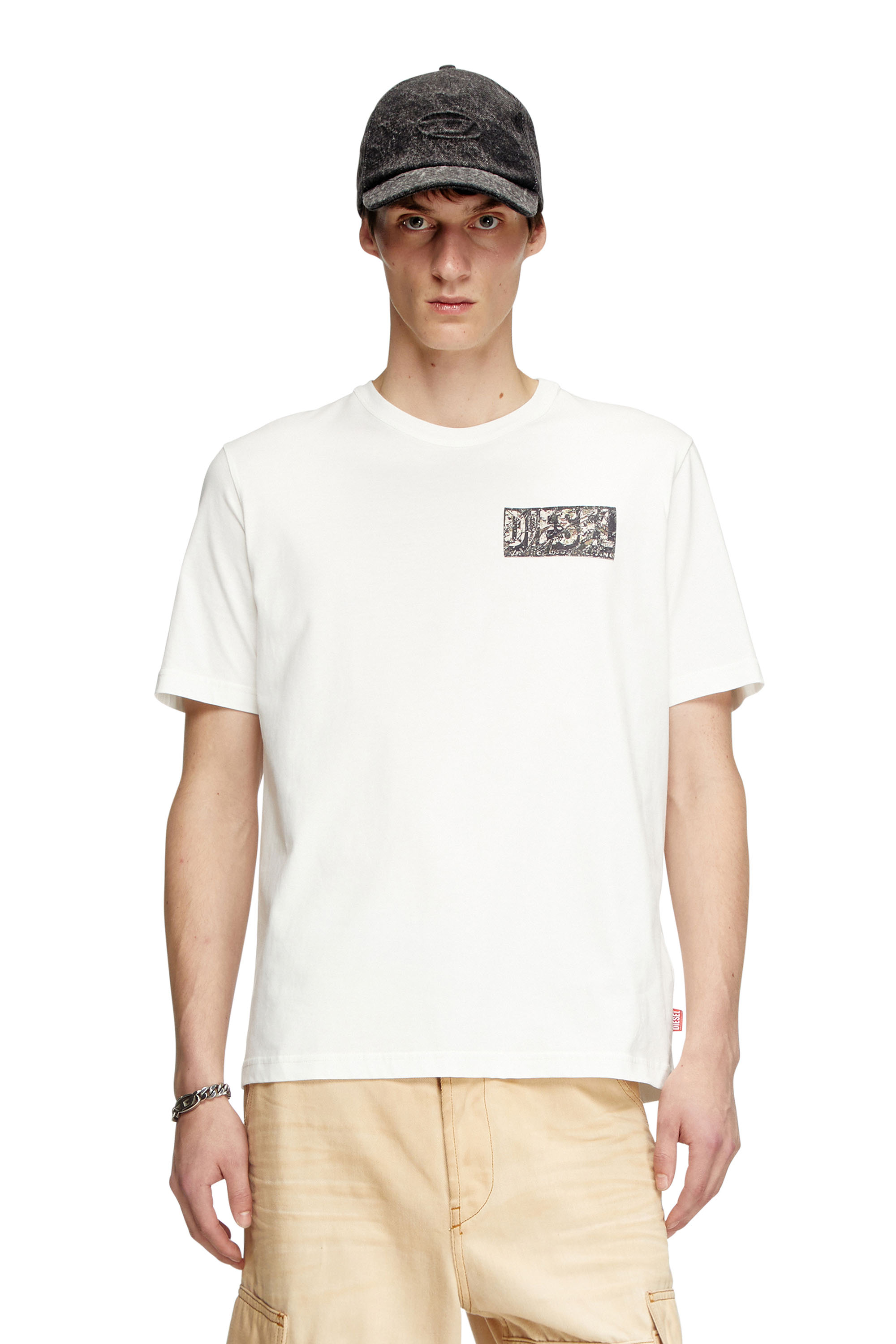 Diesel - T-ADJUST-R19, T-shirt avec empiècement en gabardine Homme in Blanc - 1