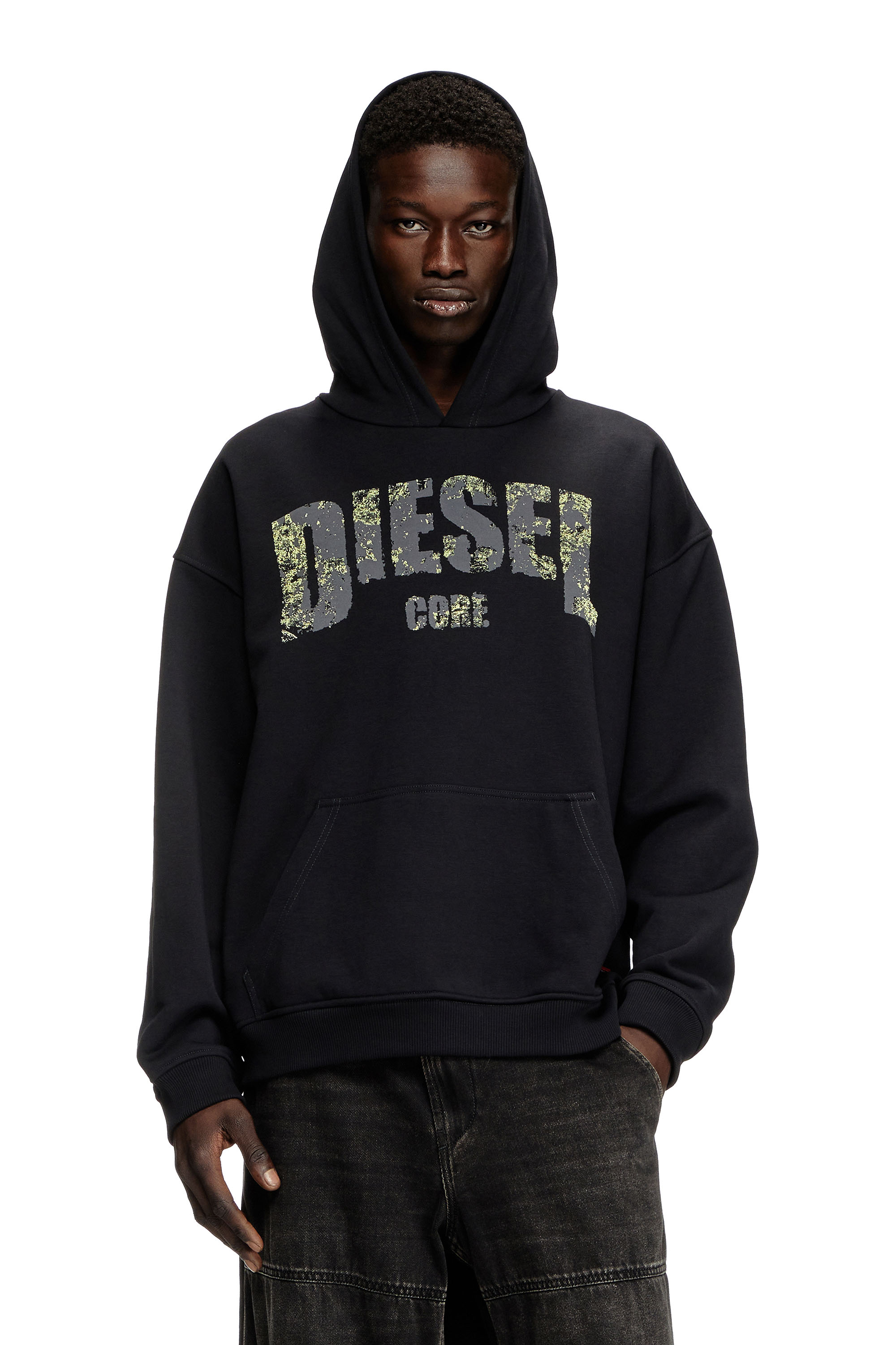 Diesel - S-BOXT-HOOD-R13, Sweat-shirt à capuche avec logo imprimé effet destroy Homme in Noir - 1