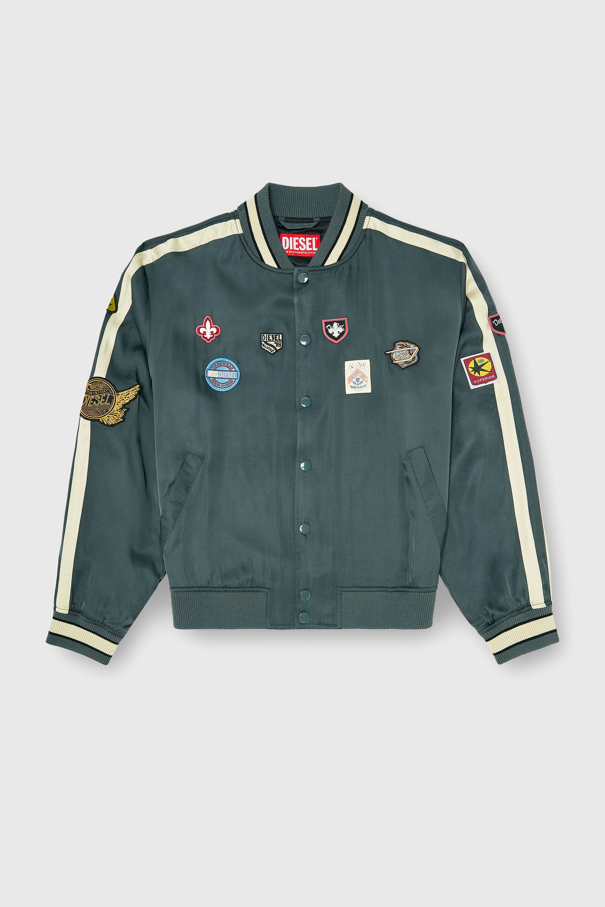 Diesel - J-ANNU, Blouson bomber satin&eacute; avec patchs Homme in Vert - 2