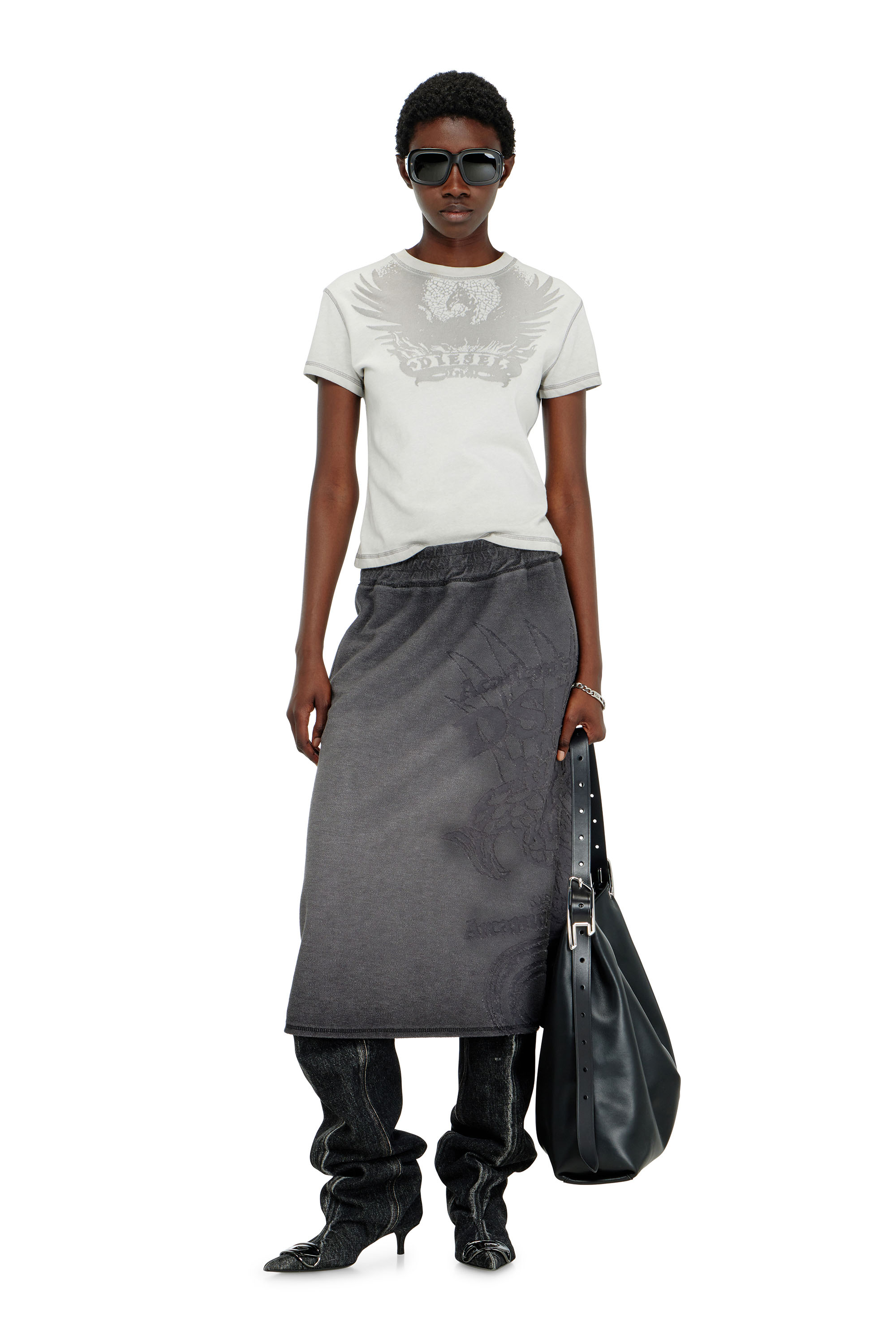 Diesel - O-BEAUTY, Jupe midi en molleton avec imprim&eacute; d&eacute;vor&eacute; Femme in Gris - 1