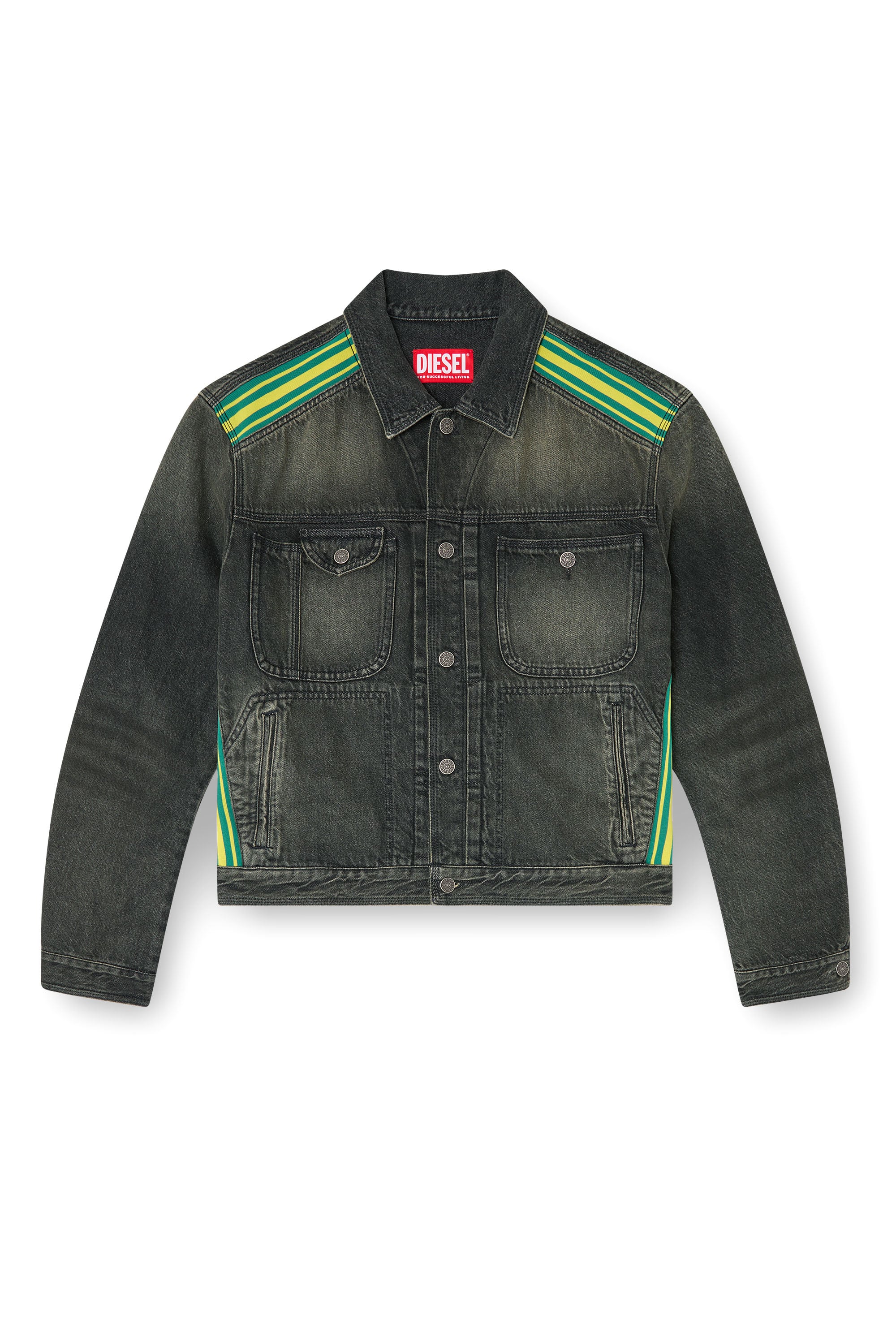 Diesel - D-BAS-FSJ1, Man's Trucker jacket with striped shoulder bands in Black/Dark grey - 4