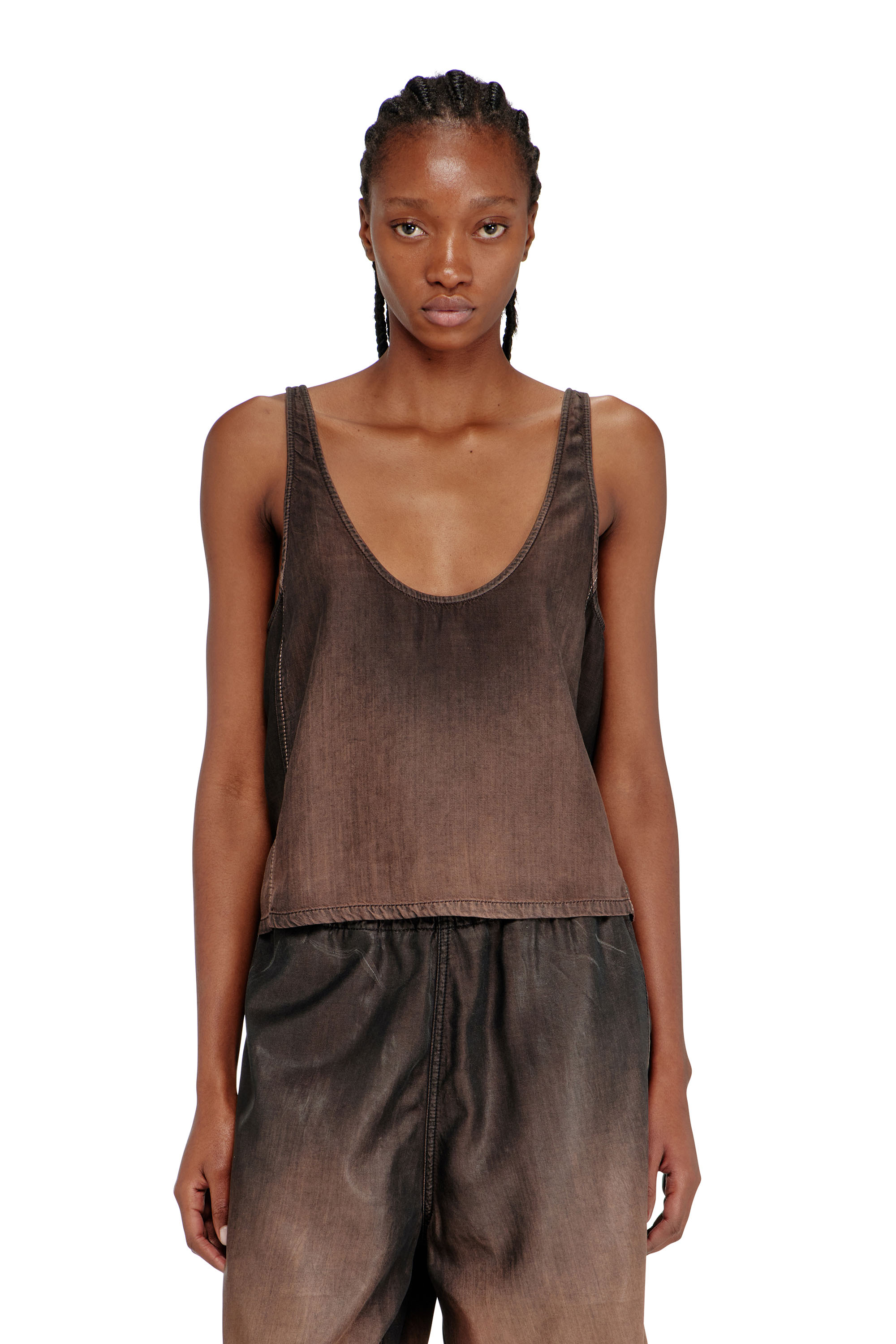 Diesel - DE-NORIAN-S, D&eacute;bardeur en denim enduit fluide Femme in Marron - 3