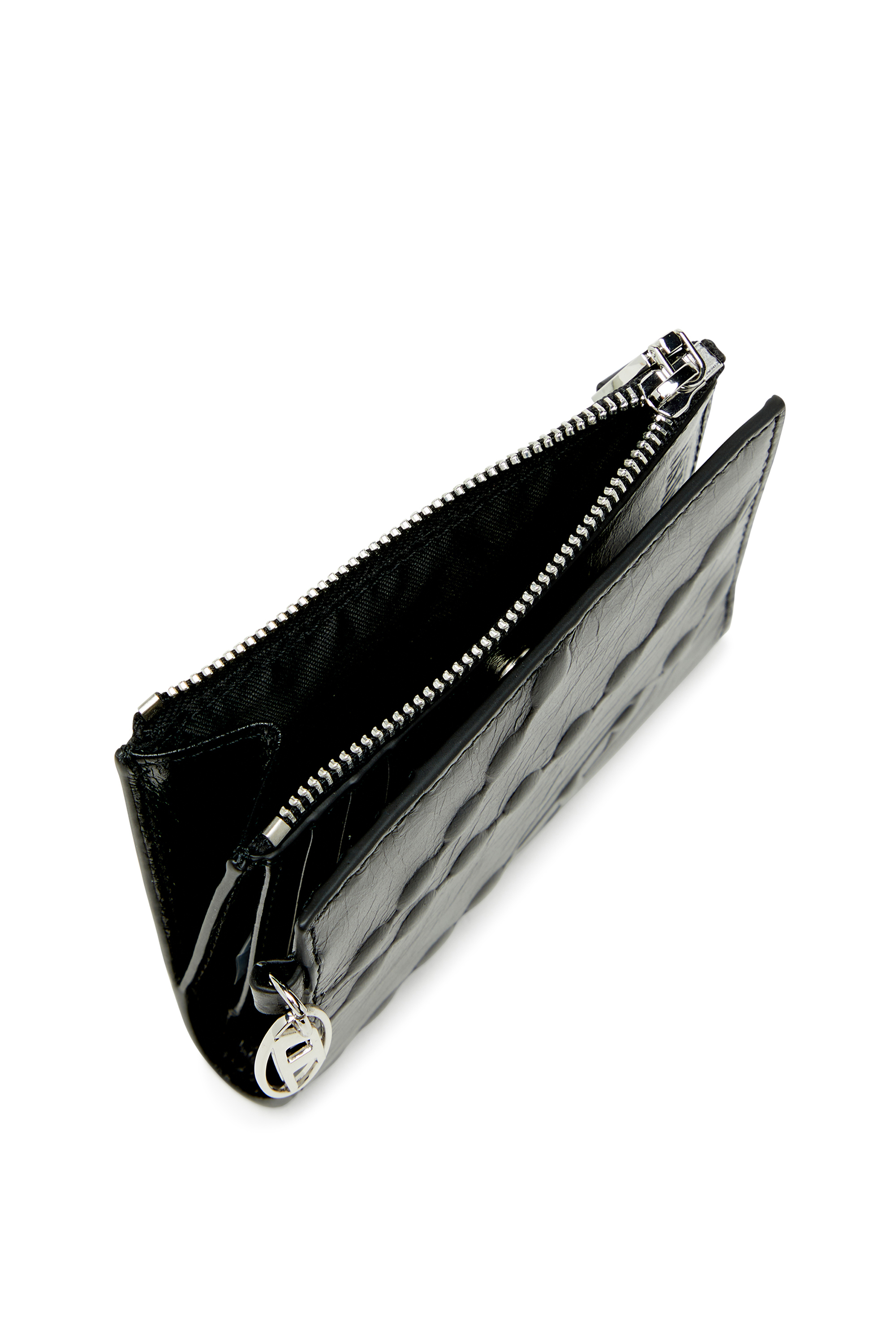 Diesel - OVAL-D BI FOLD ZIP II, Portefeuille bi-fold en cuir avec motif cha&icirc;ne emboss&eacute; Femme in Noir - 4