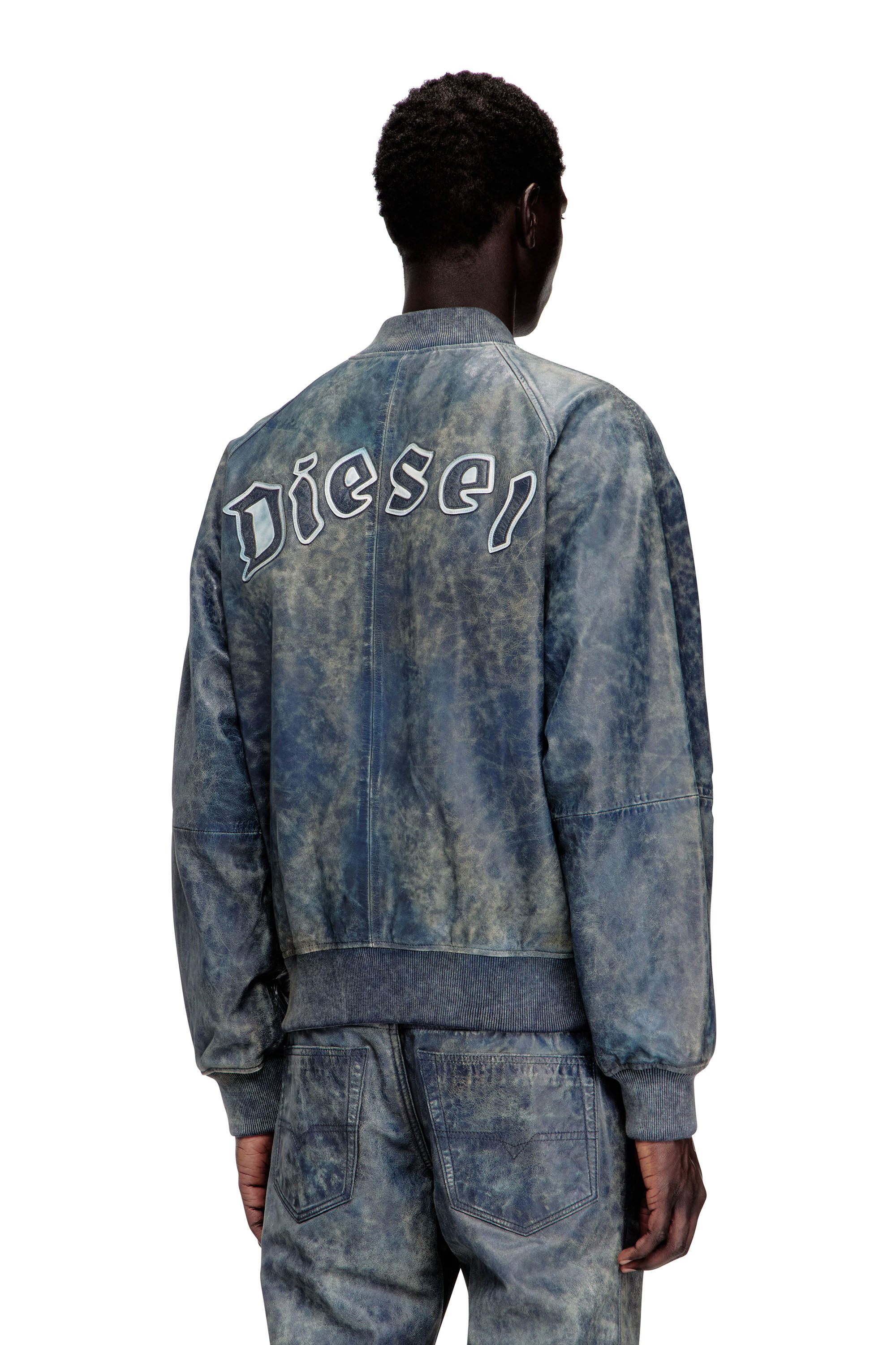 Diesel - L-COBB, Blouson aviateur en cuir trait&eacute; Homme in Bleu - 4