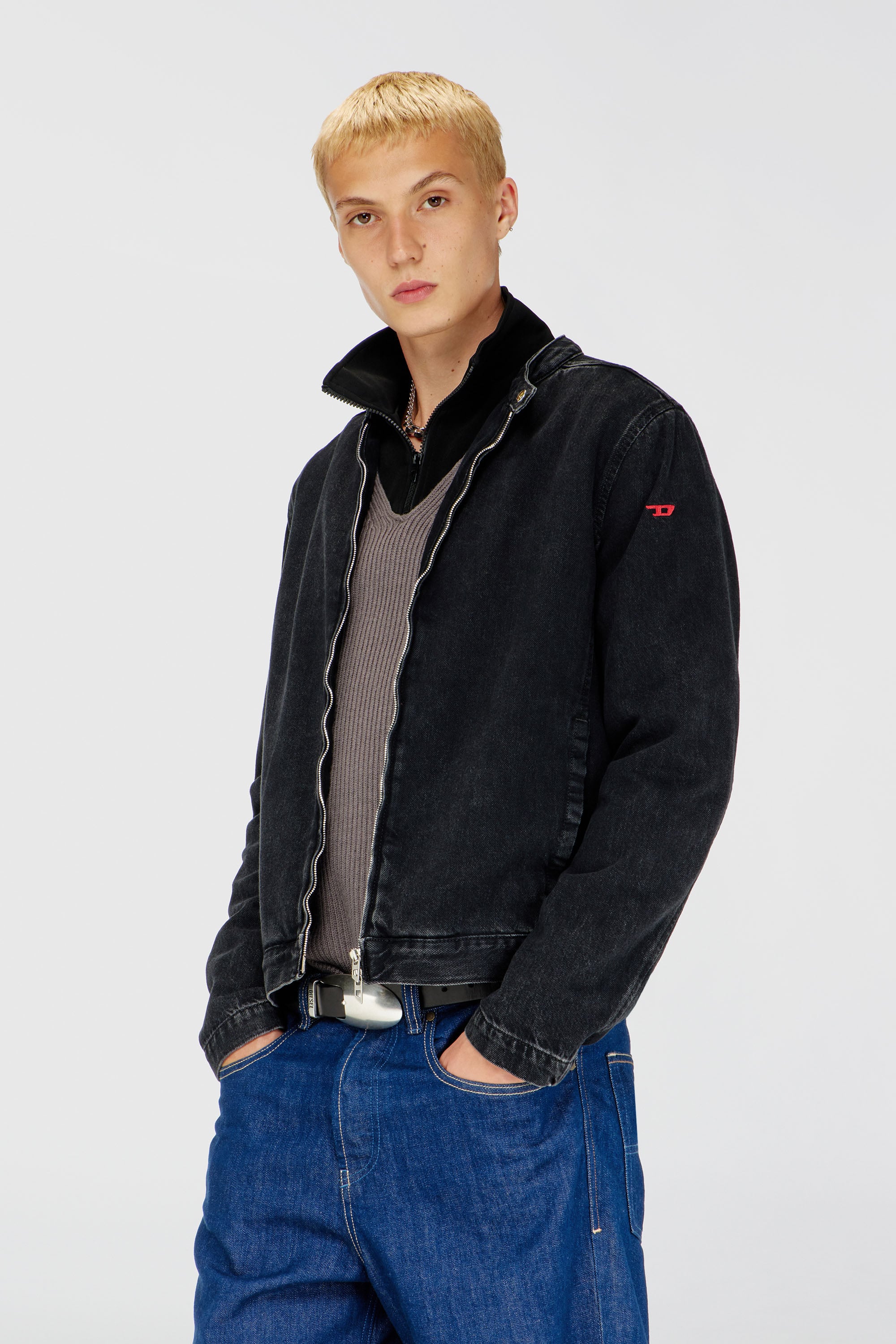 Diesel - D-GLORY, Blouson moto en denim lav&eacute; propre Homme in Noir - 1
