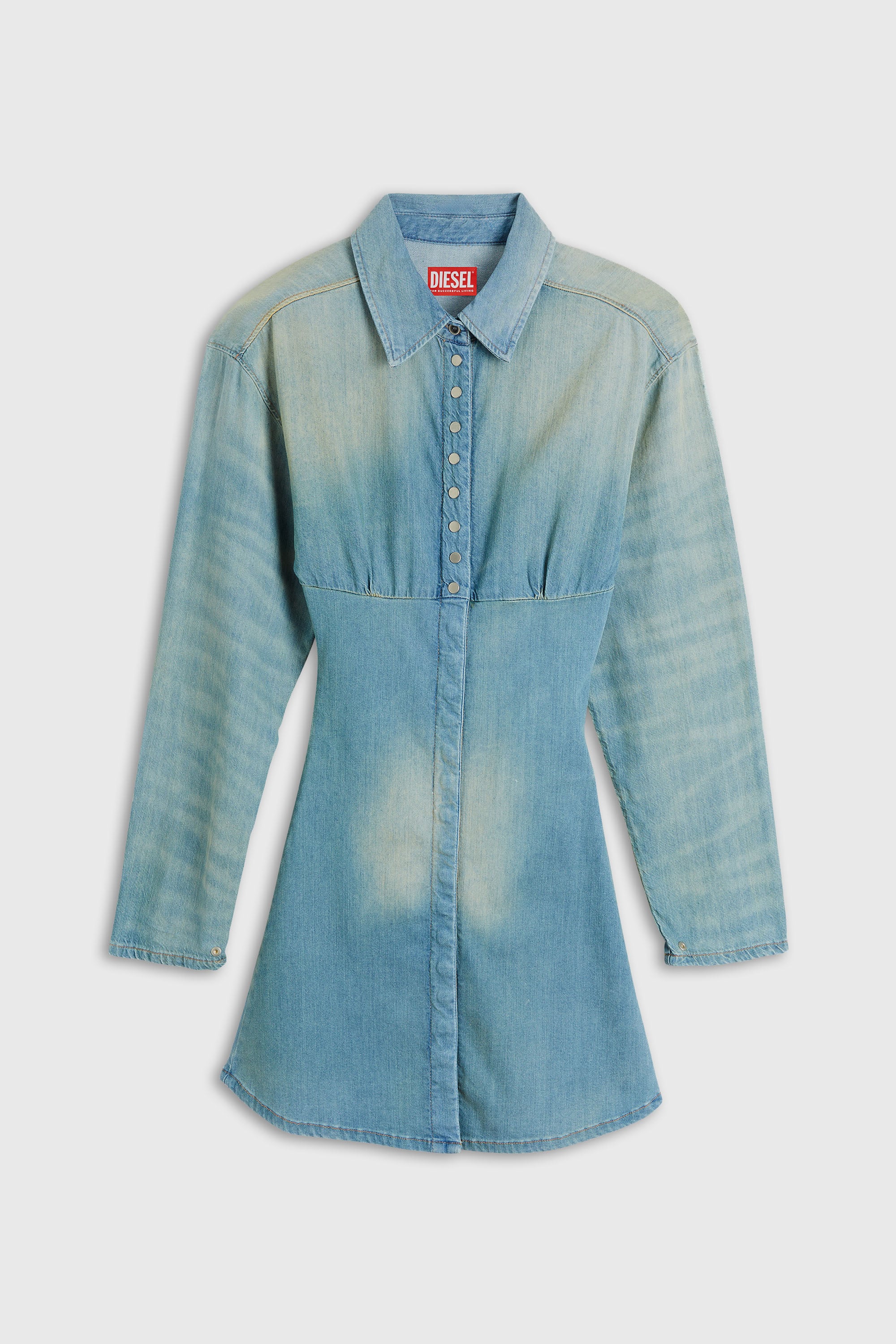 Diesel - DE-VIOLIM-S, Robe-chemise mini en denim &agrave; design segment&eacute; Femme in Bleu - 1