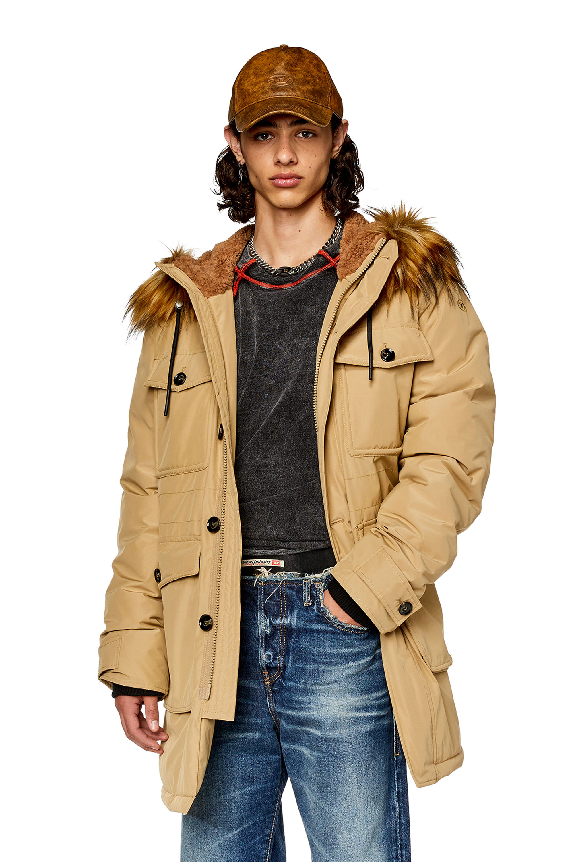 Diesel - W-JORGY, Parka matelass&eacute;e avec bordure pelucheuse sur la capuche Homme in Marron - 3