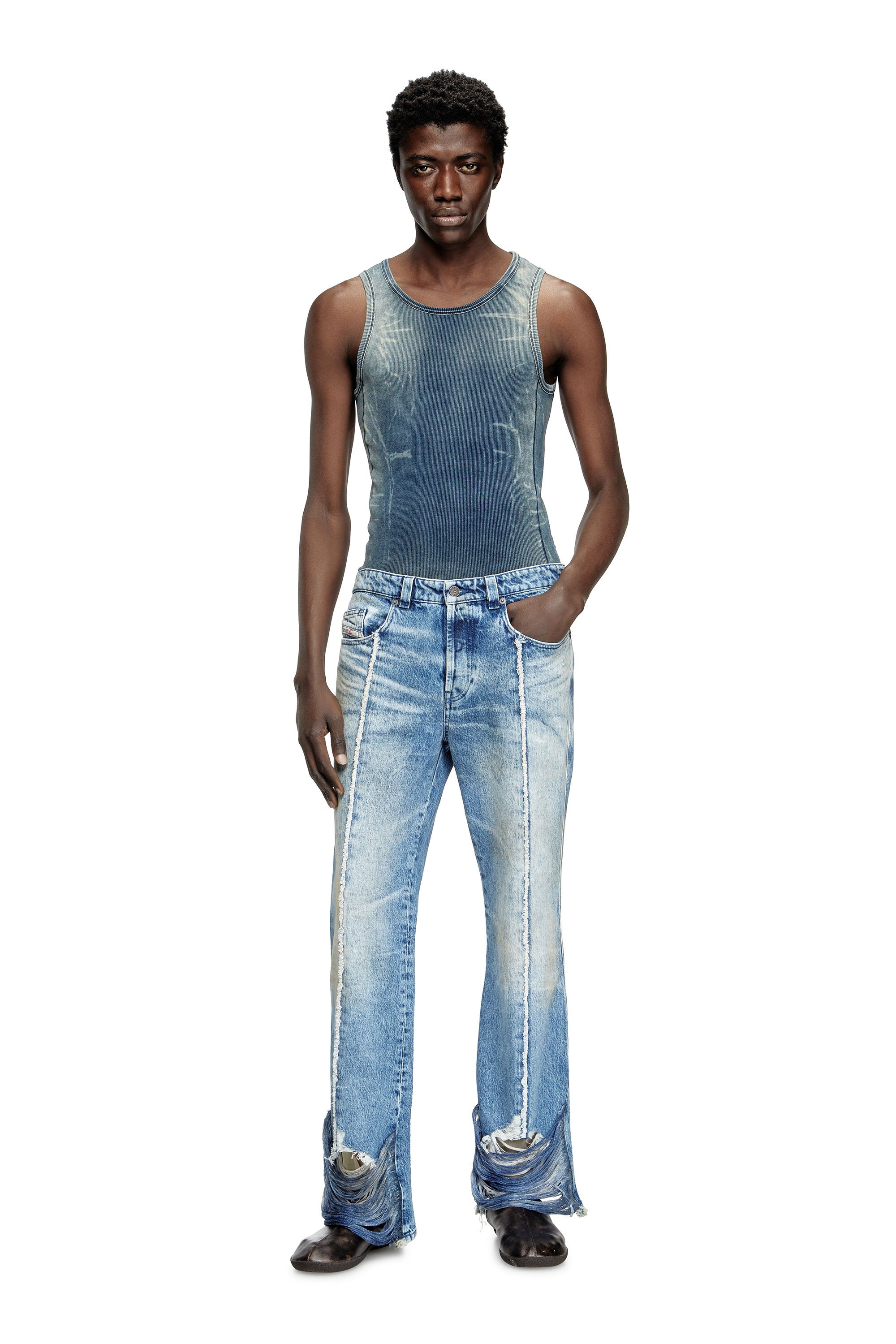 Diesel - T-GO, Débardeur côtelé avec effet trompe-l'œil en denim Mixte in Bleu - 2