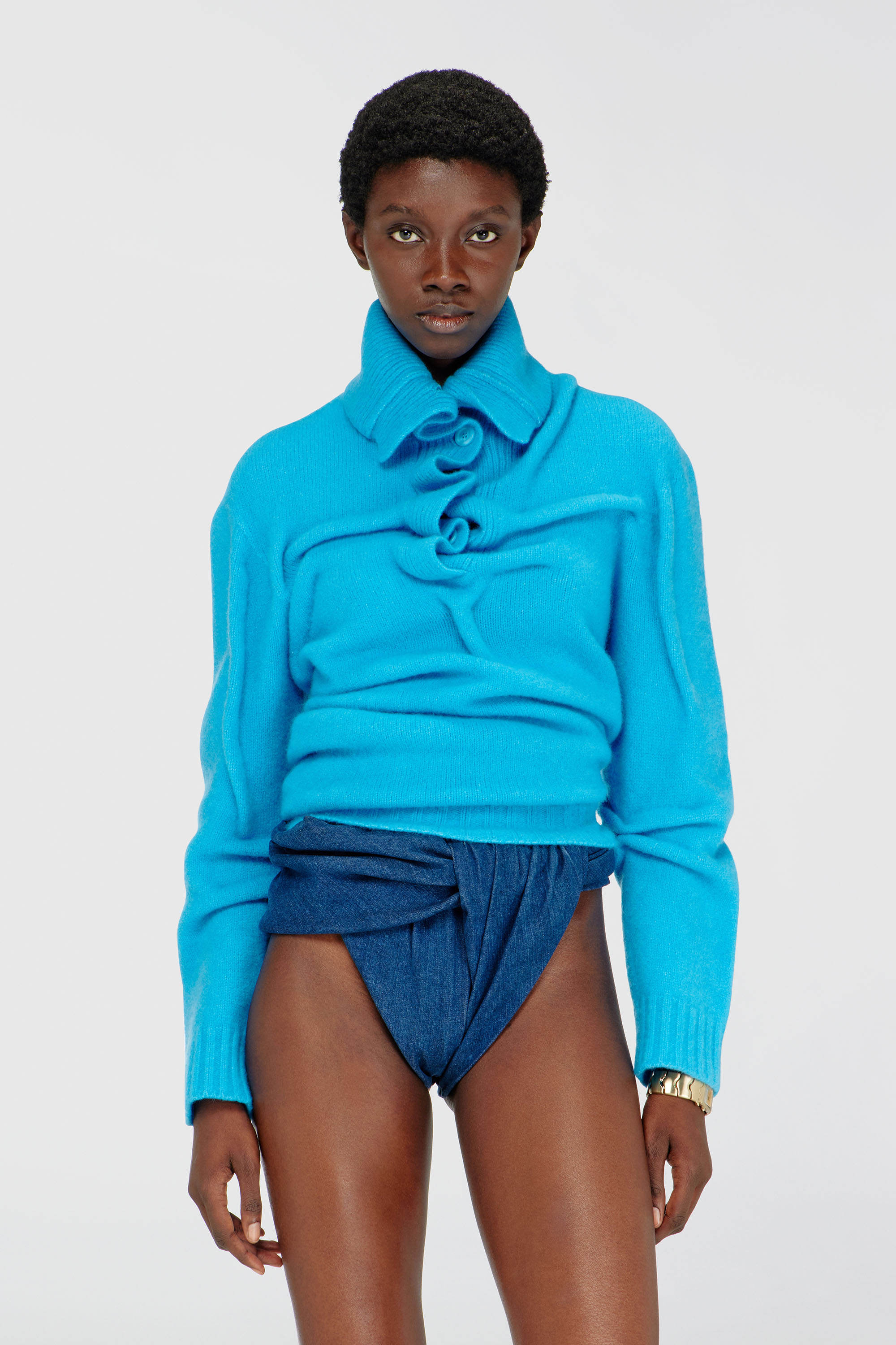 Diesel - M-AMARY, Pull &agrave; col boutonn&eacute; en maille foul&eacute;e &agrave; texture froiss&eacute;e Femme in Bleu - 1