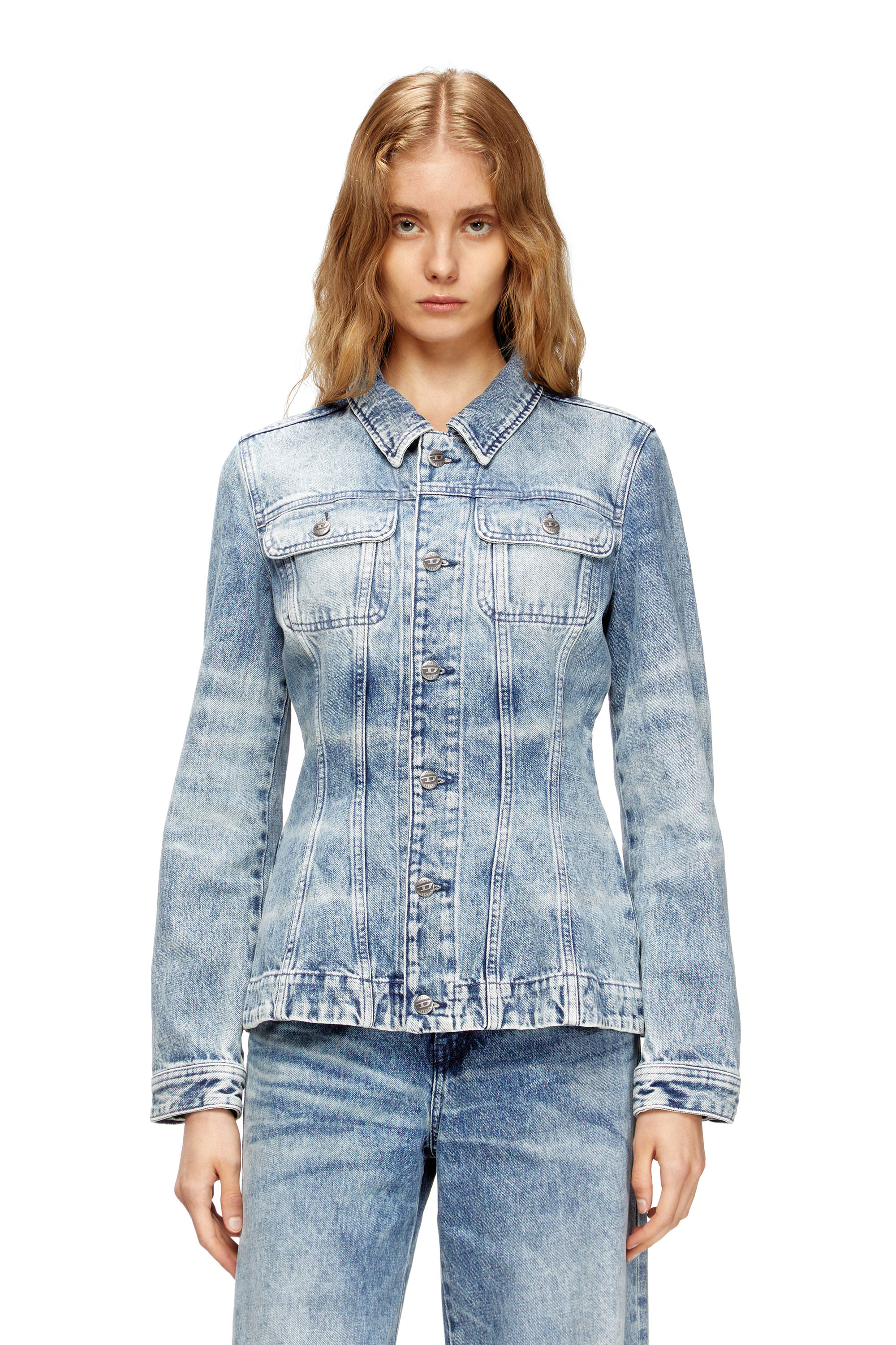 Diesel - DE-KATERIN-FSH, Veste cintrée en denim de coton et chanvre gravé au laser Femme in Bleu - 1
