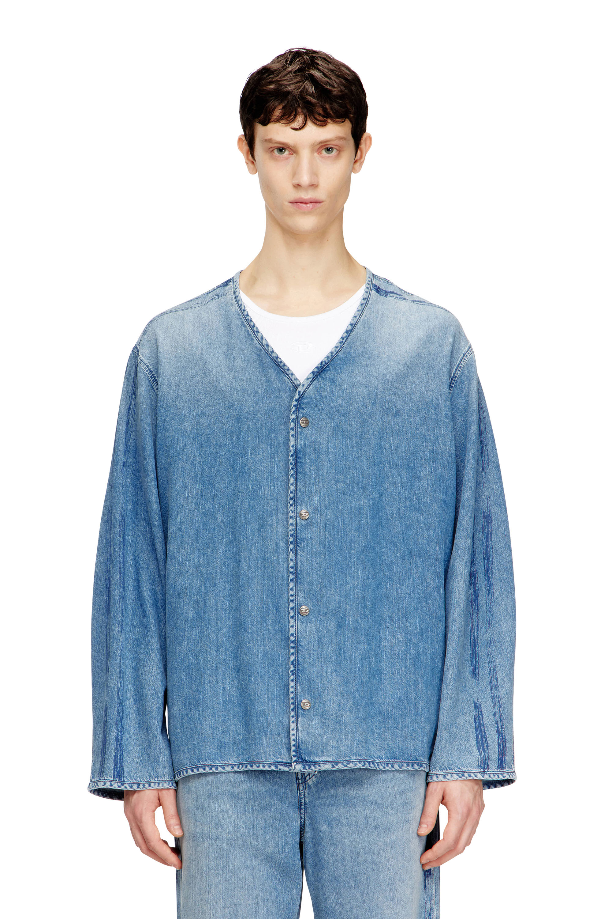 Diesel - D-CADI-S, Chemise &agrave; col en V en denim fluide &agrave; rayures Homme in ToBeDefined - 1