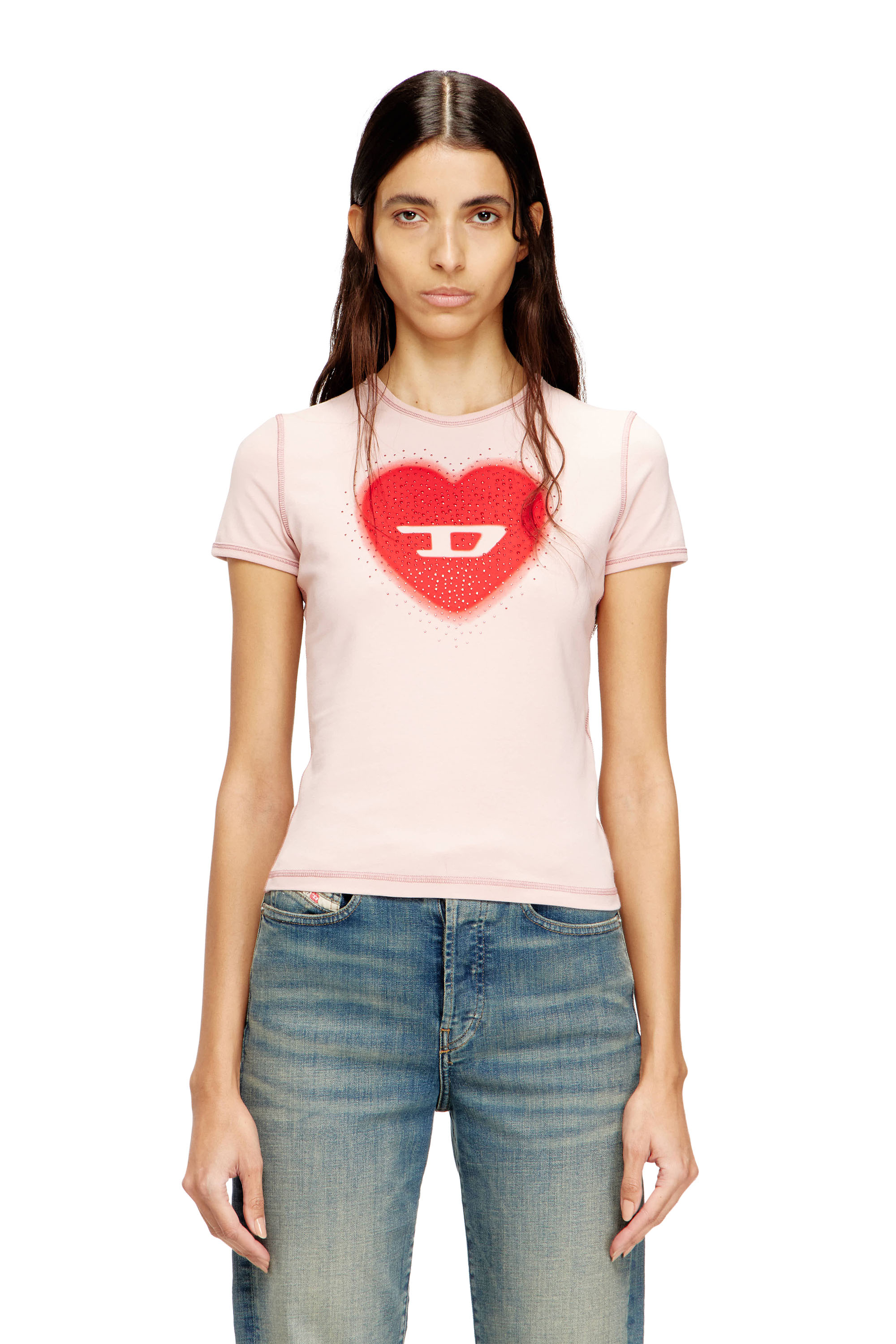 Diesel - T-UNCUTIES-LONG-S5, T-shirt ajust&eacute;e avec imprim&eacute; c&oelig;ur et clous Femme in Rose - 3