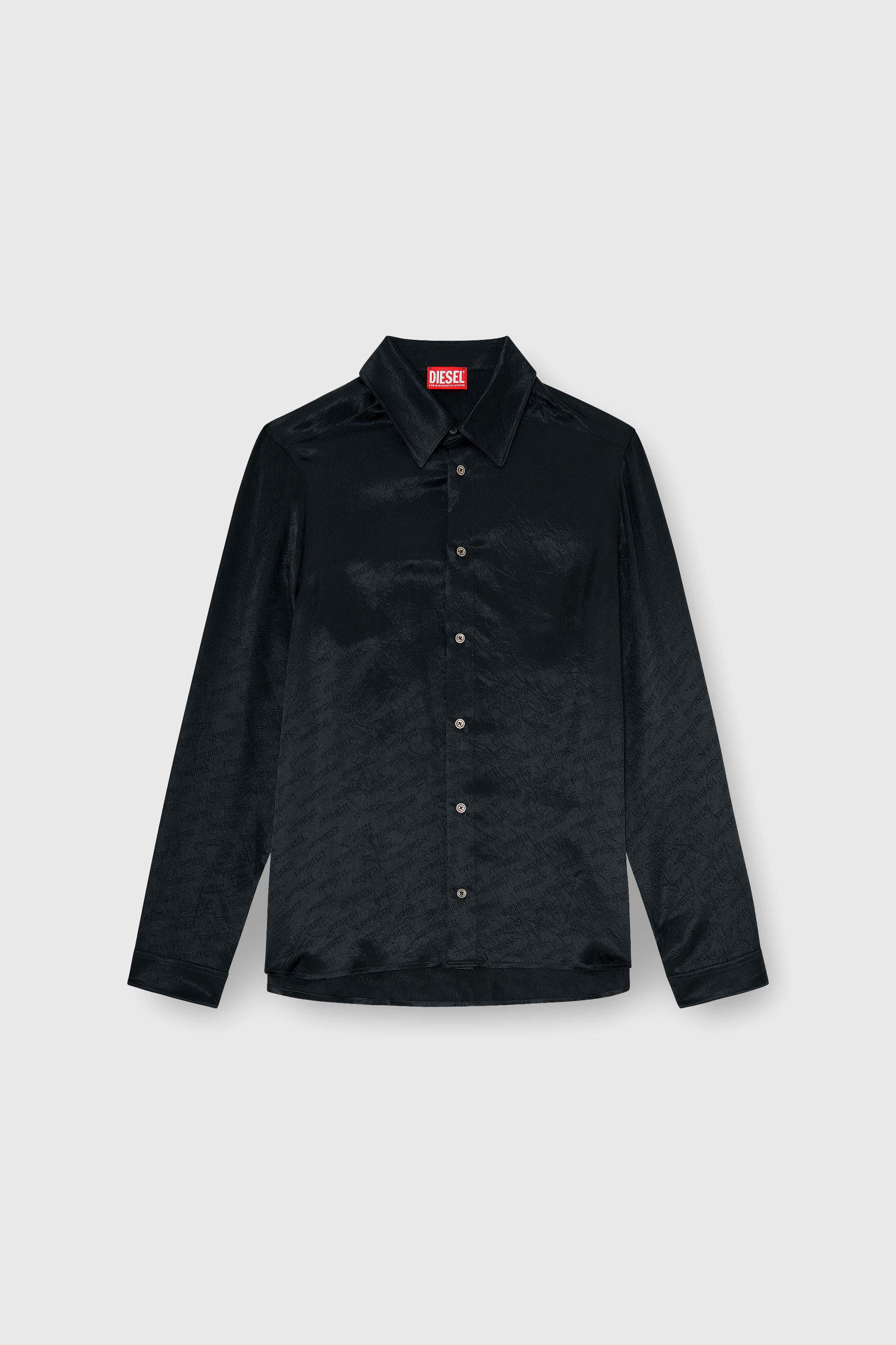 Diesel - S-KINNY-EFBZ, Chemise en satin froiss&eacute; jacquard logo Homme in Noir - 2