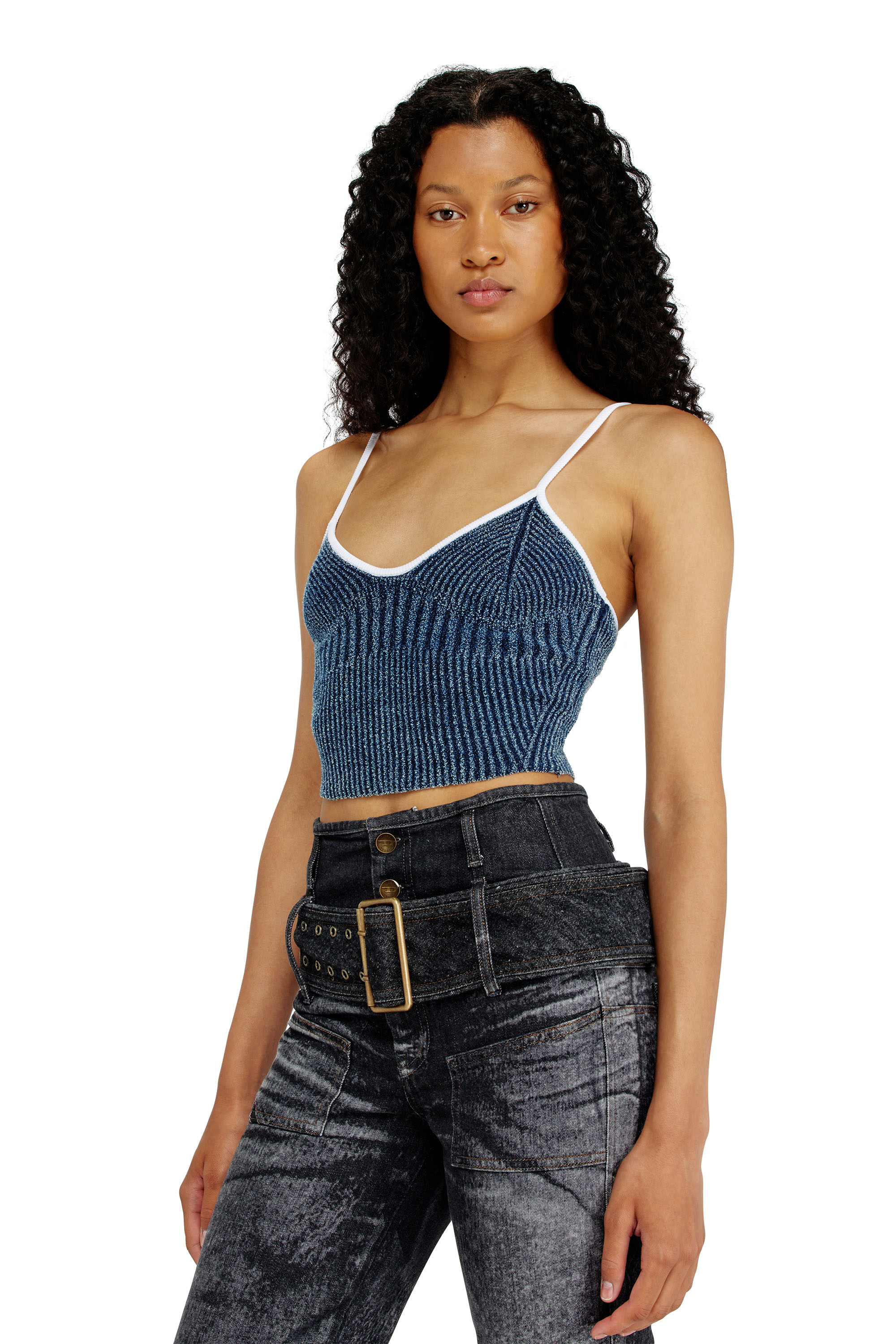 Diesel - M-ESTERE, Crop top en maille c&ocirc;tel&eacute;e indigo boucl&eacute; Femme in Polychrome - 5