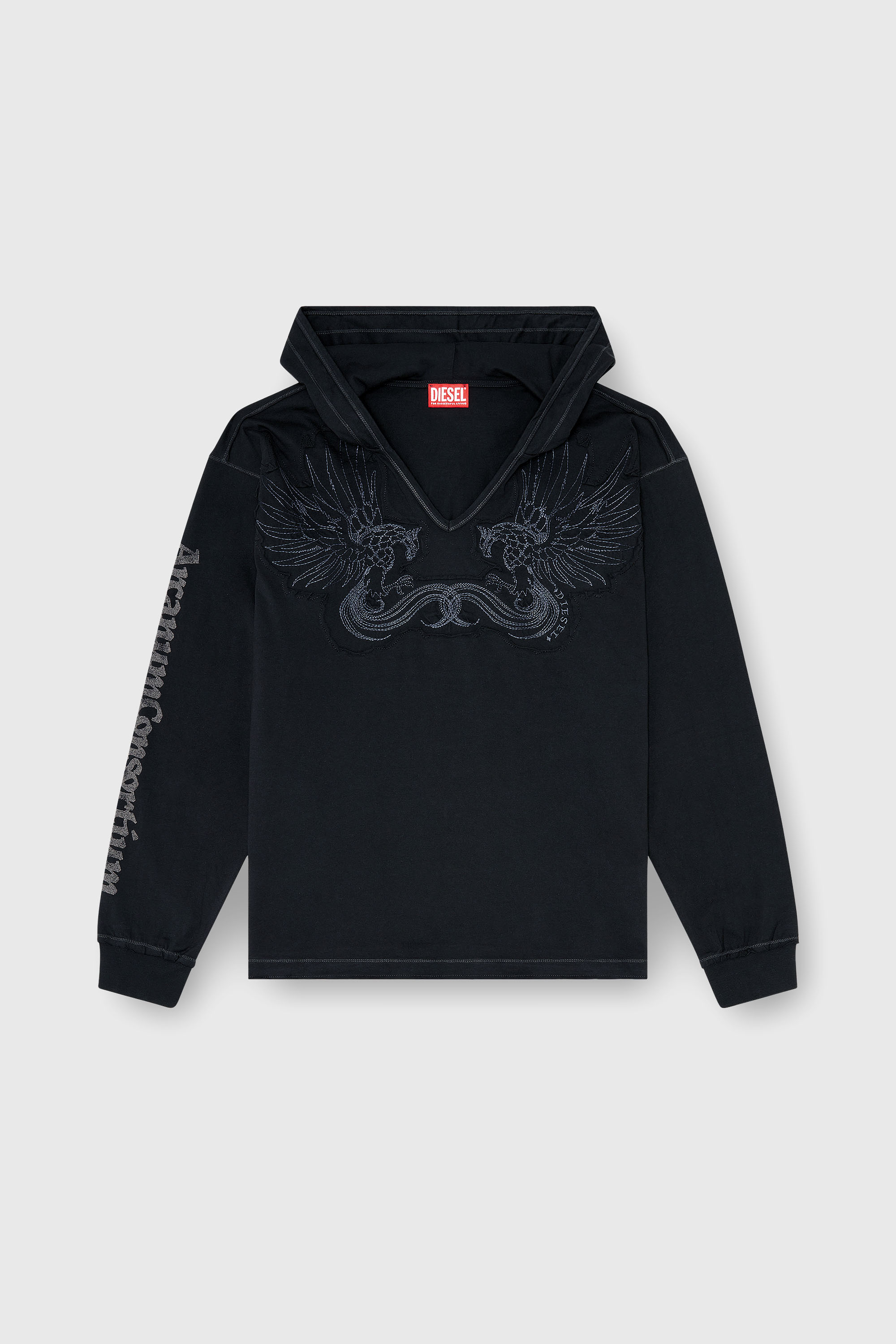 Diesel - T-PHEN-LS-HOOD-RIB, Sweat &agrave; capuche col V avec broderie sur le devant Homme in Noir - 2