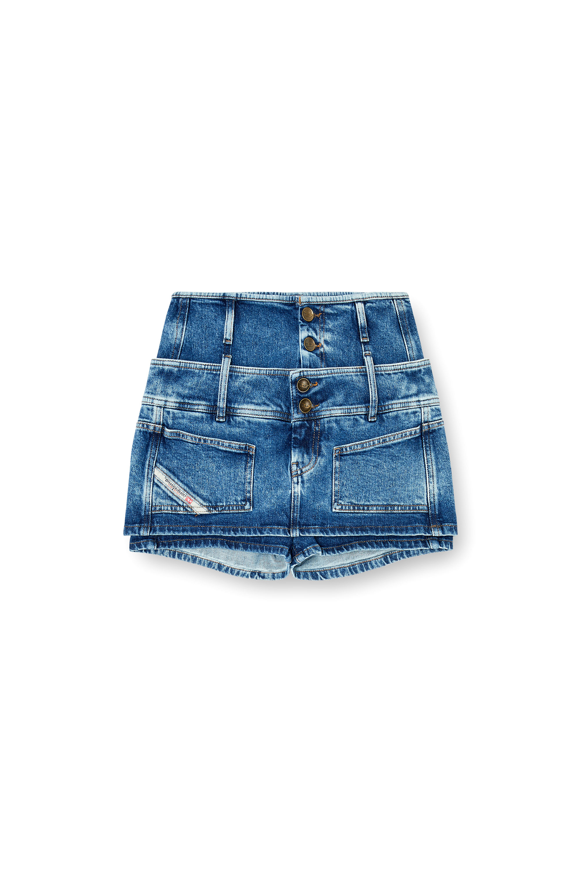 Diesel - DE-CORIVA-S, Mini-jupe-short en denim &agrave; double taille Femme in Bleu - 3