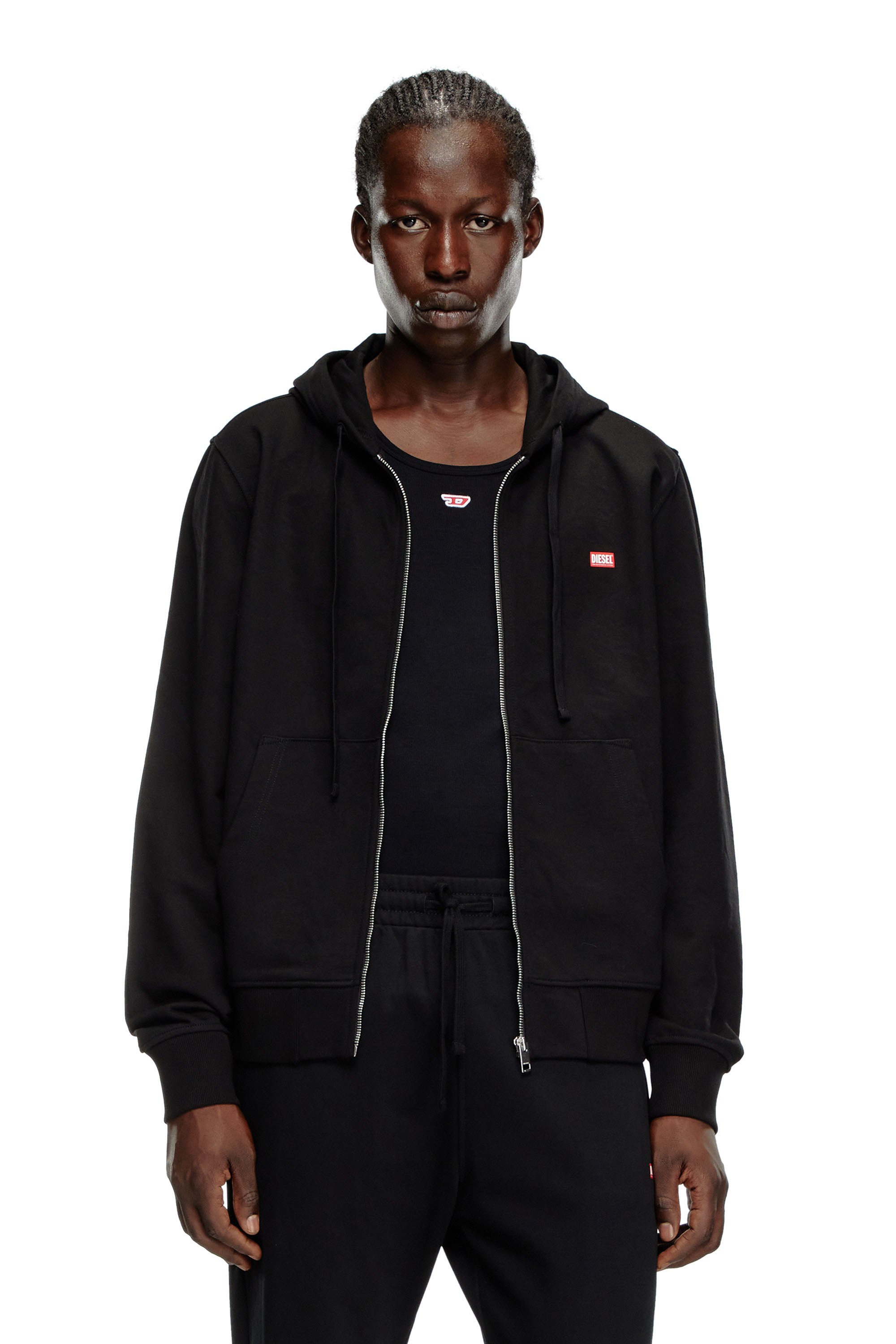 Diesel - S-GINN-HOOD-ZIP-K13, Sweat-shirt à capuche zippé avec transfert d'étiquette Diesel Homme in Noir - 1