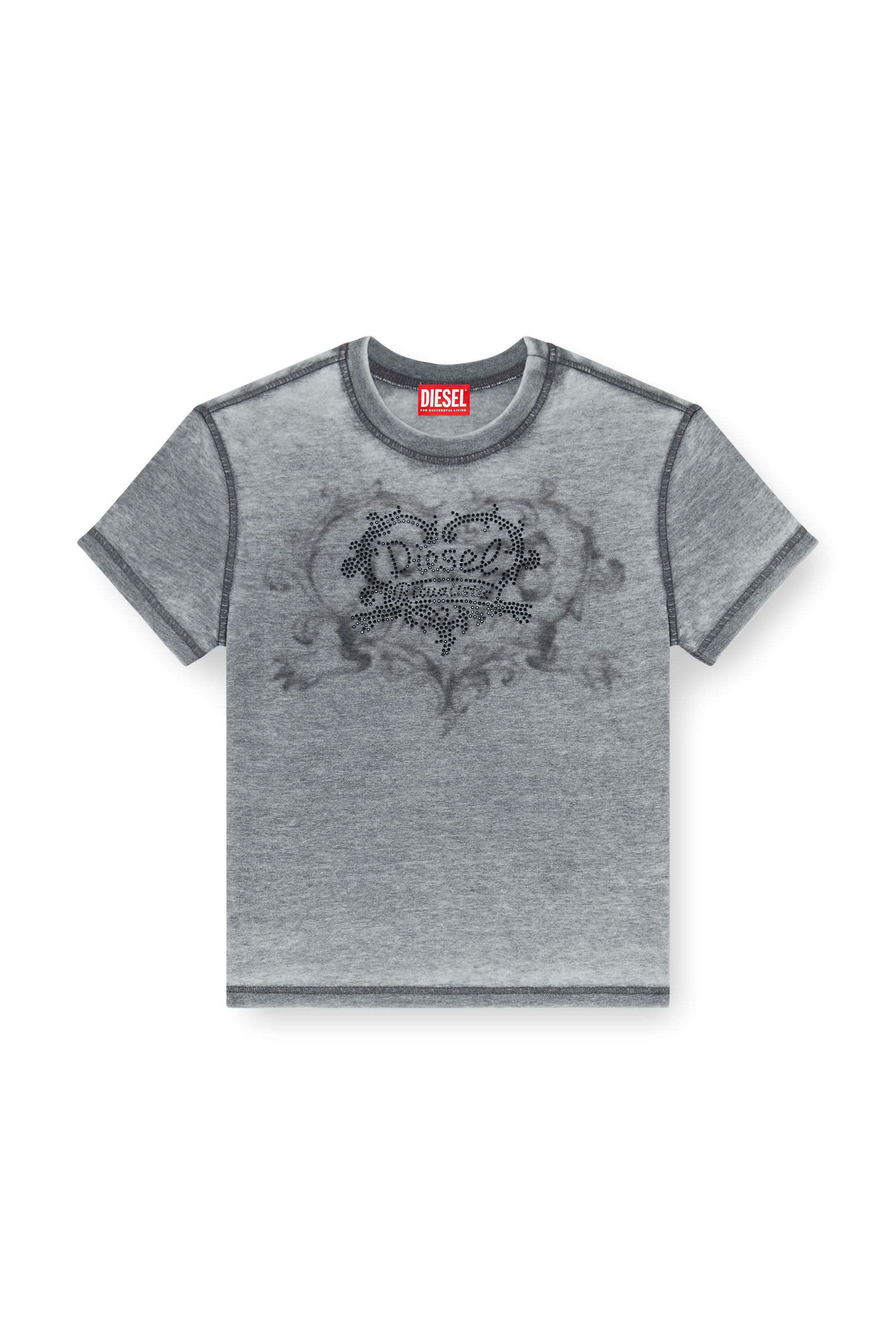 Diesel - T-ILA-AA1, T-shirt en jersey avec strass et burnout effect Femme in Gris - 2