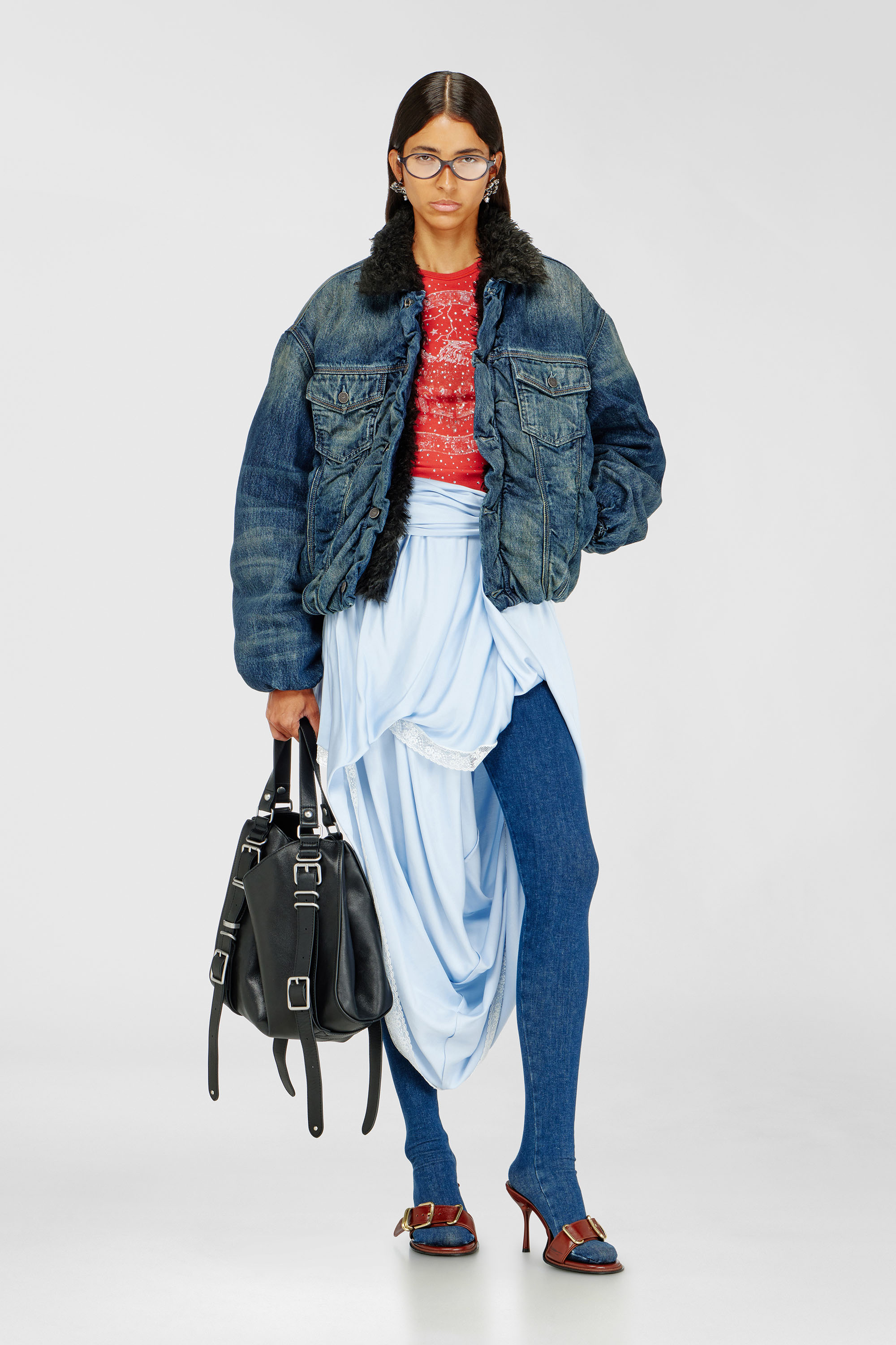 Diesel - D-CURLY-FSJ1, Veste trucker en denim doubl&eacute;e en teddy Mixte in Bleu - 7