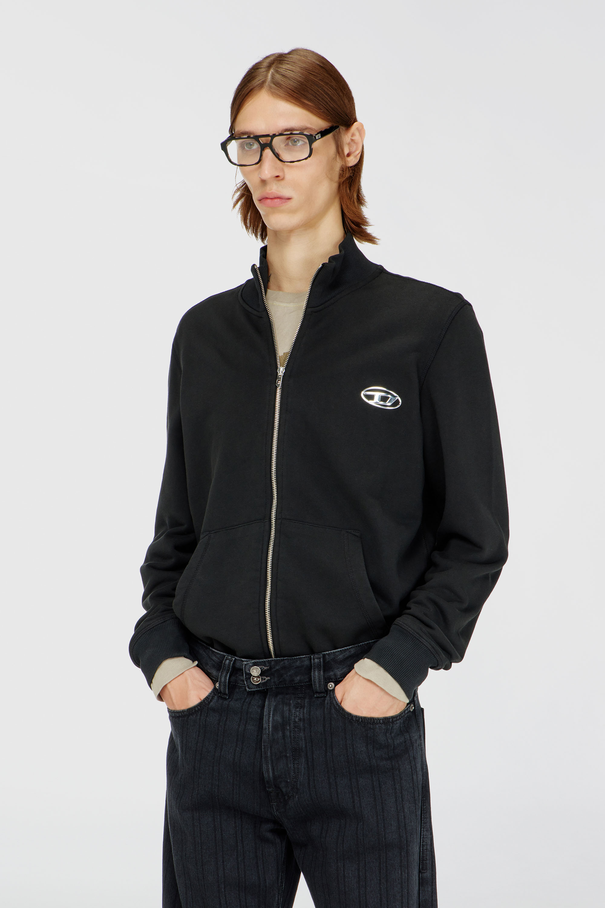 Diesel - S-GINN-ZIP-IOD, Sweatshirt avec col montant et Oval D m&eacute;tallique Homme in Noir - 1