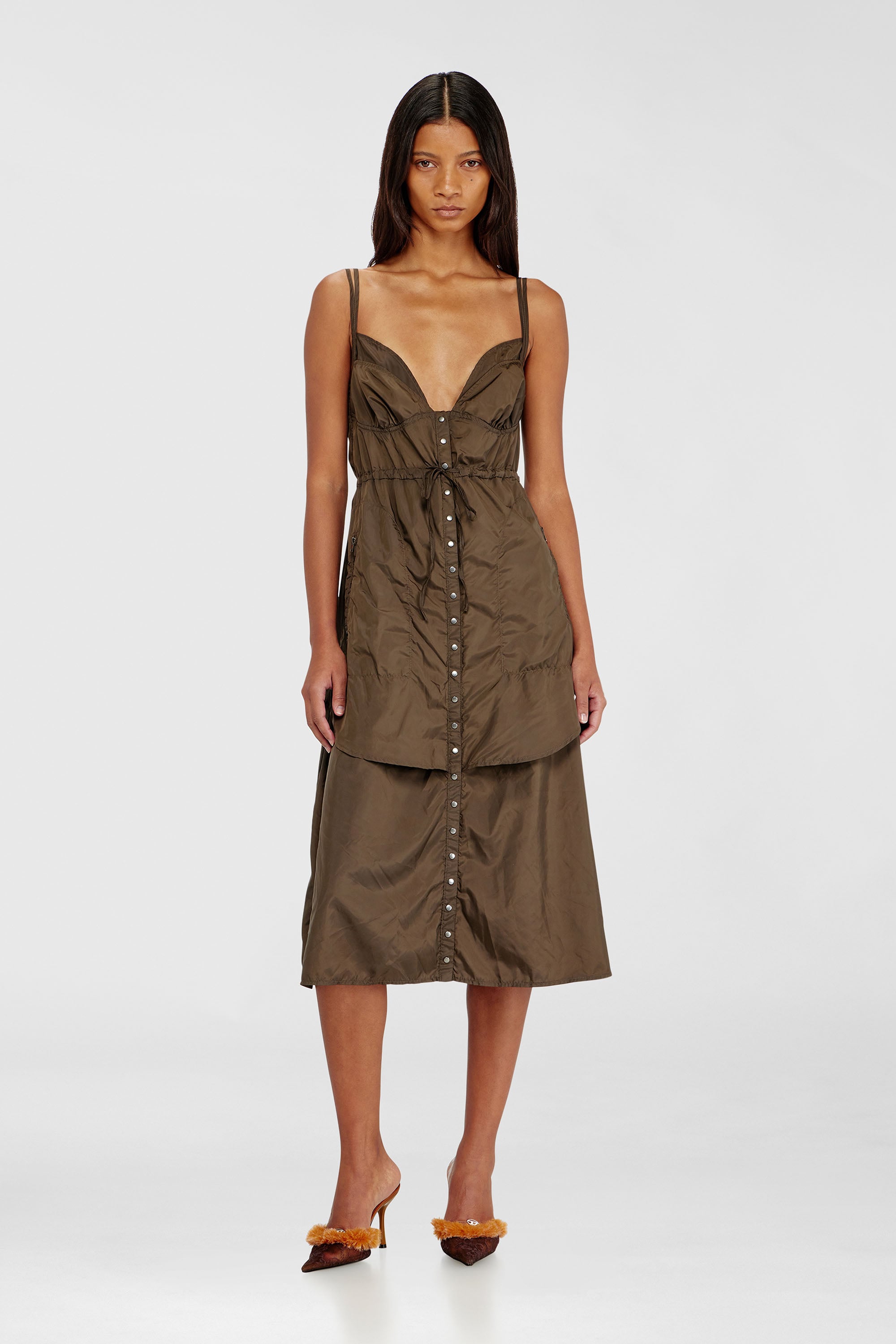 Diesel - D-OROTEA-T1, Robe en nylon l&eacute;ger &agrave; effet superpos&eacute; Femme in Marron - 1