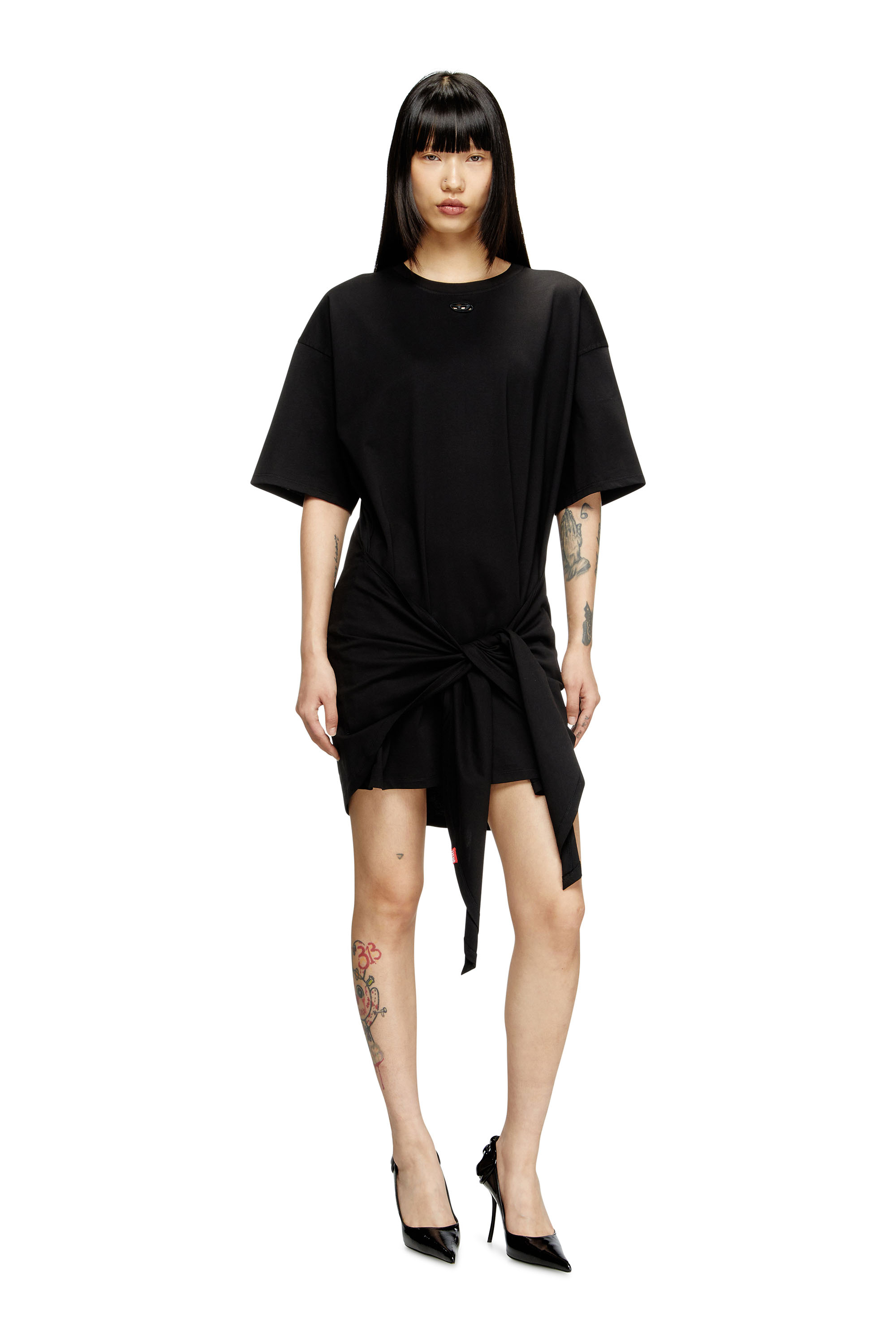 Diesel - D-EIVOR, Robe T-shirt avec nœud à l'avant Femme in Noir - 2