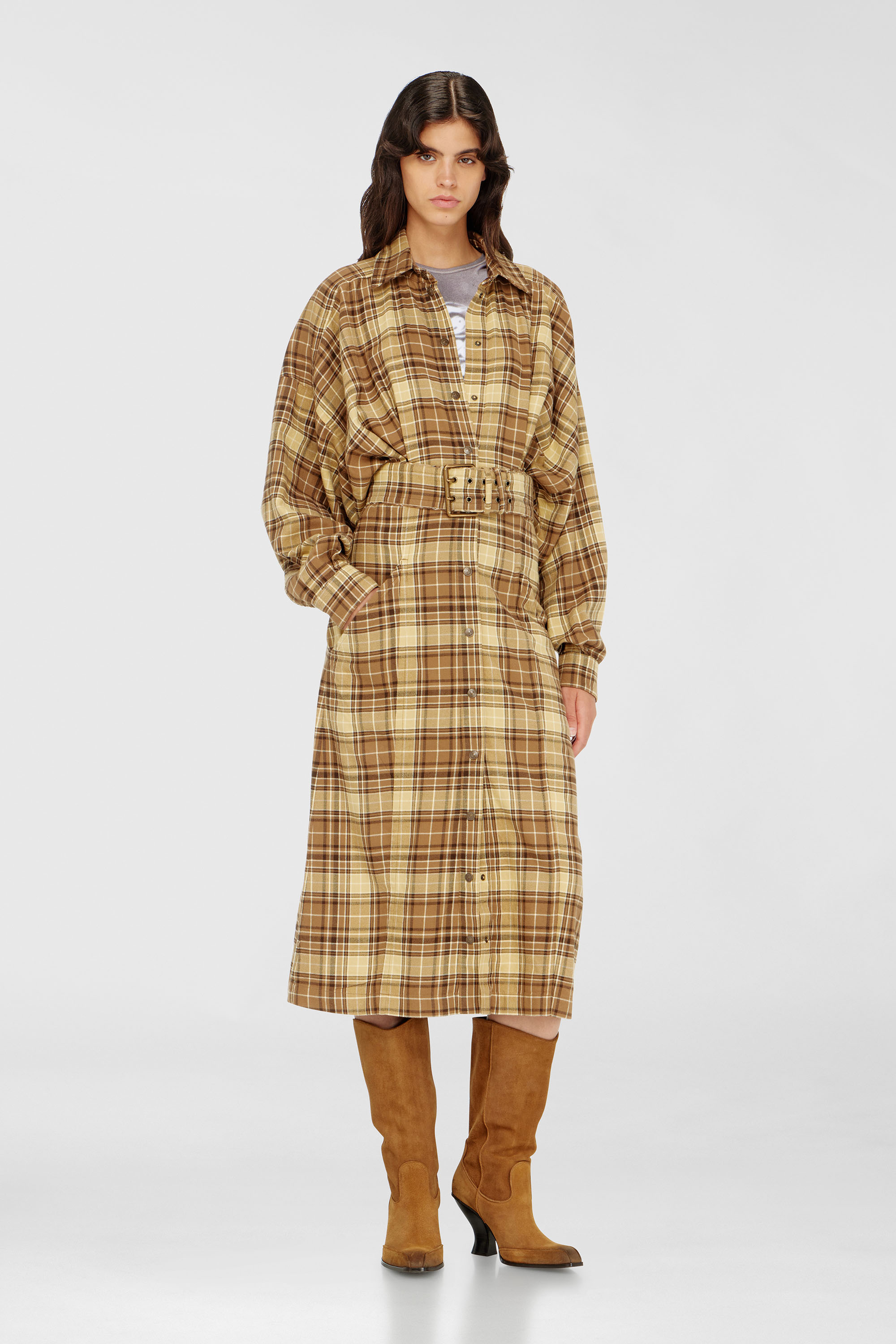 Diesel - D-EDALUS, Robe midi en flanelle &agrave; carreaux avec large ceinture Femme in Polychrome - 1