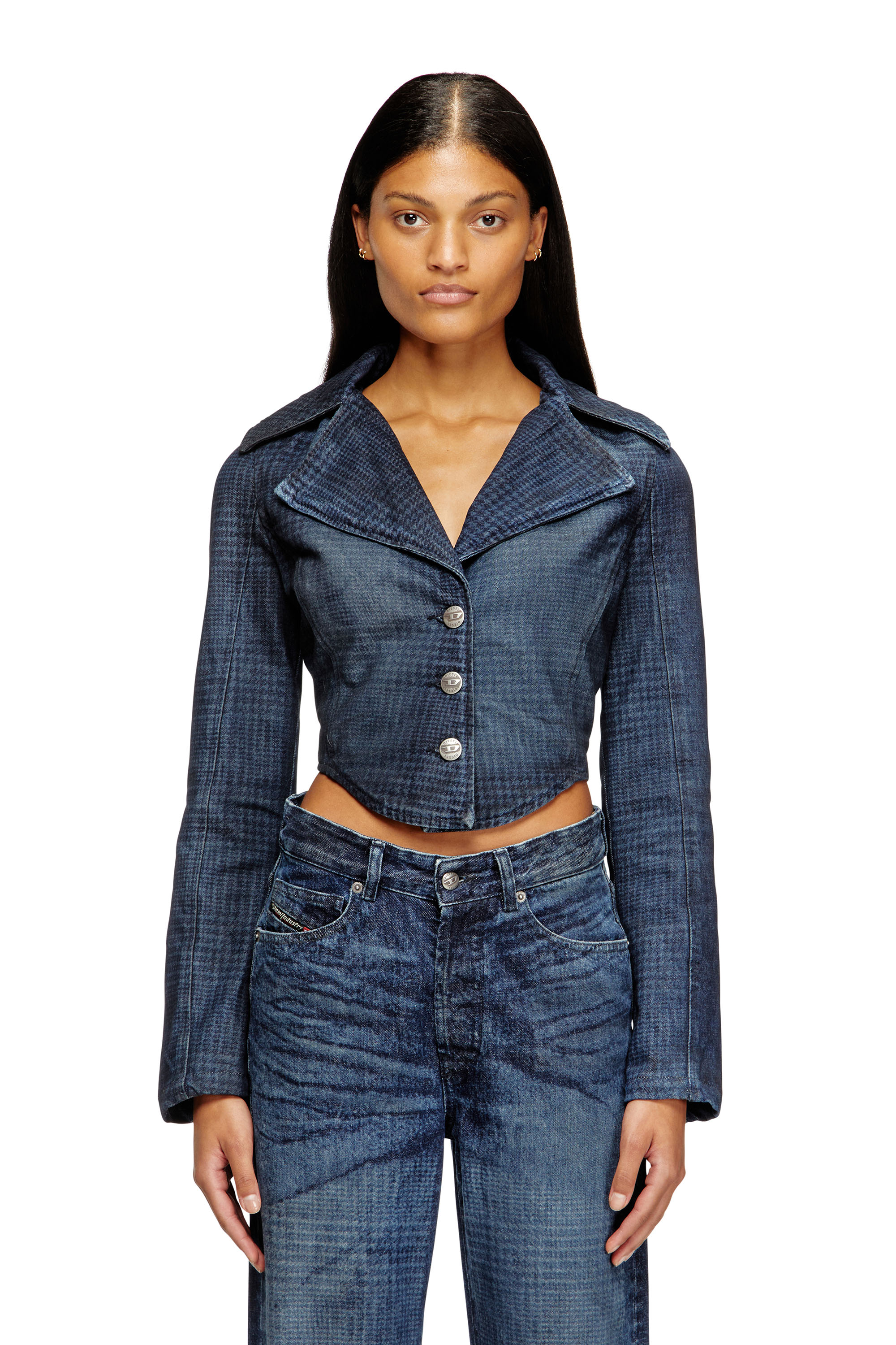 Diesel - DE-ALI-S, Veste courte en denim Prince de Galles Femme in Bleu - 1
